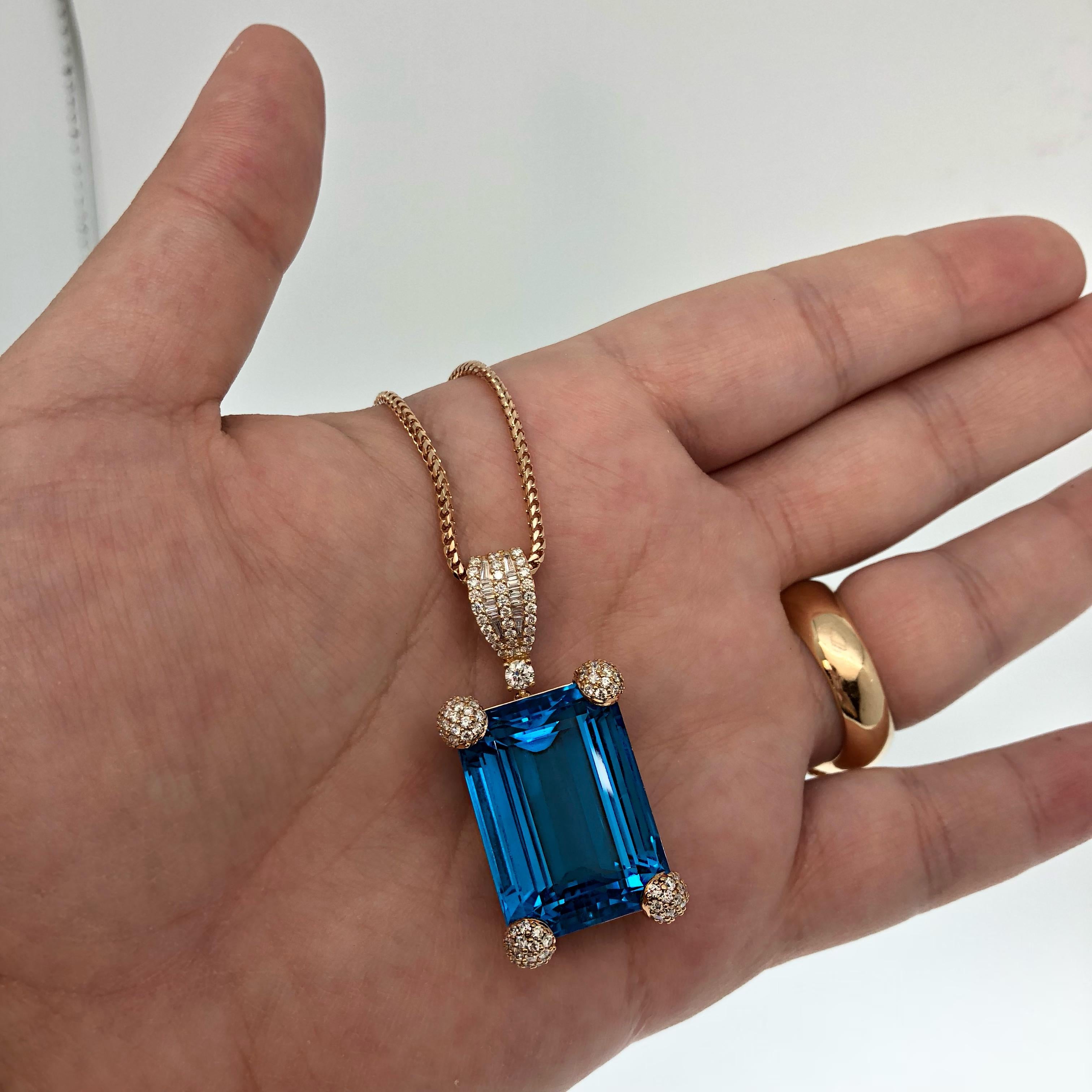 Emerald Cut 18 Karat Rose Gold 50 Carat Blue Topaz with White Diamonds Pendant Necklace For Sale