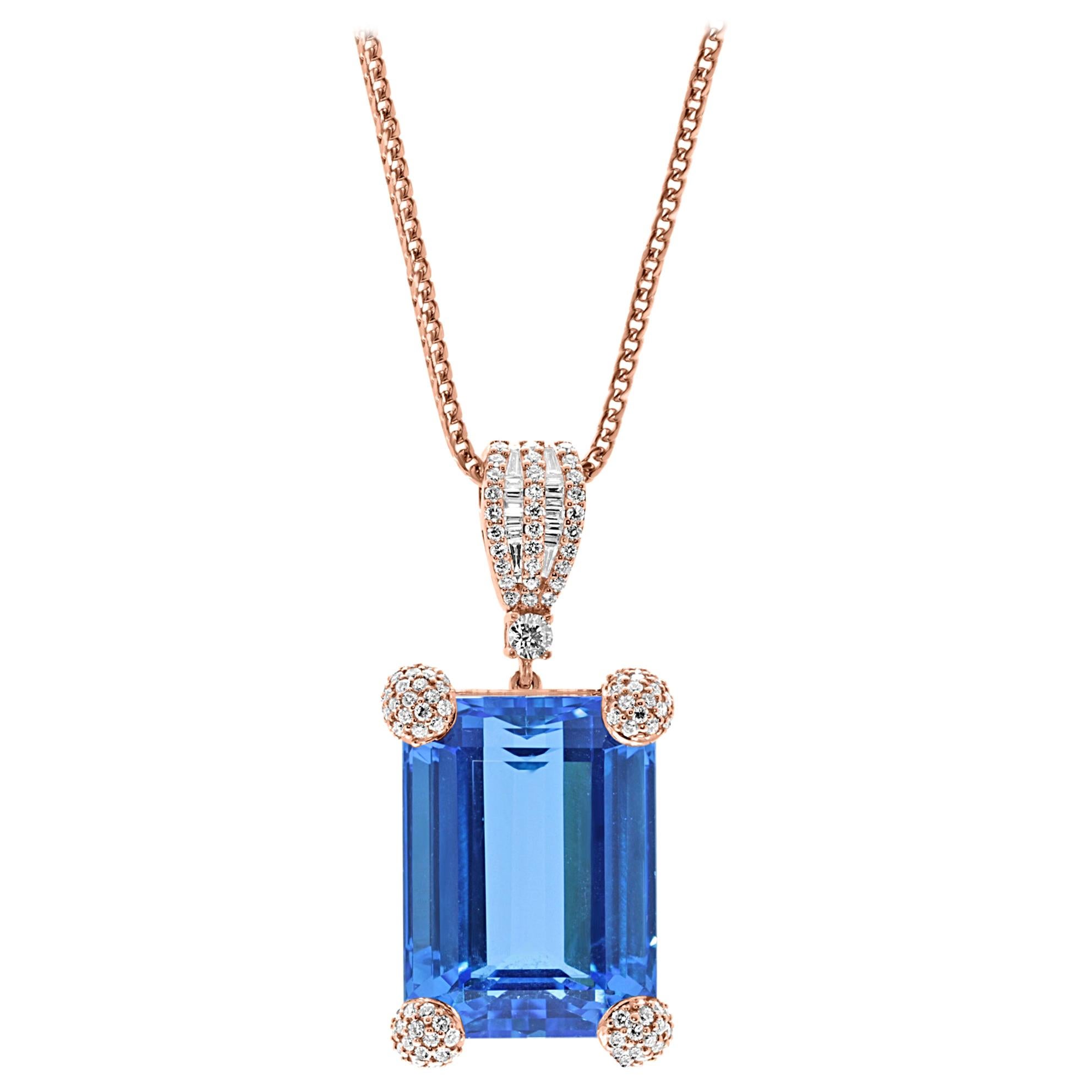 18 Karat Rose Gold 50 Carat Blue Topaz with White Diamonds Pendant Necklace For Sale