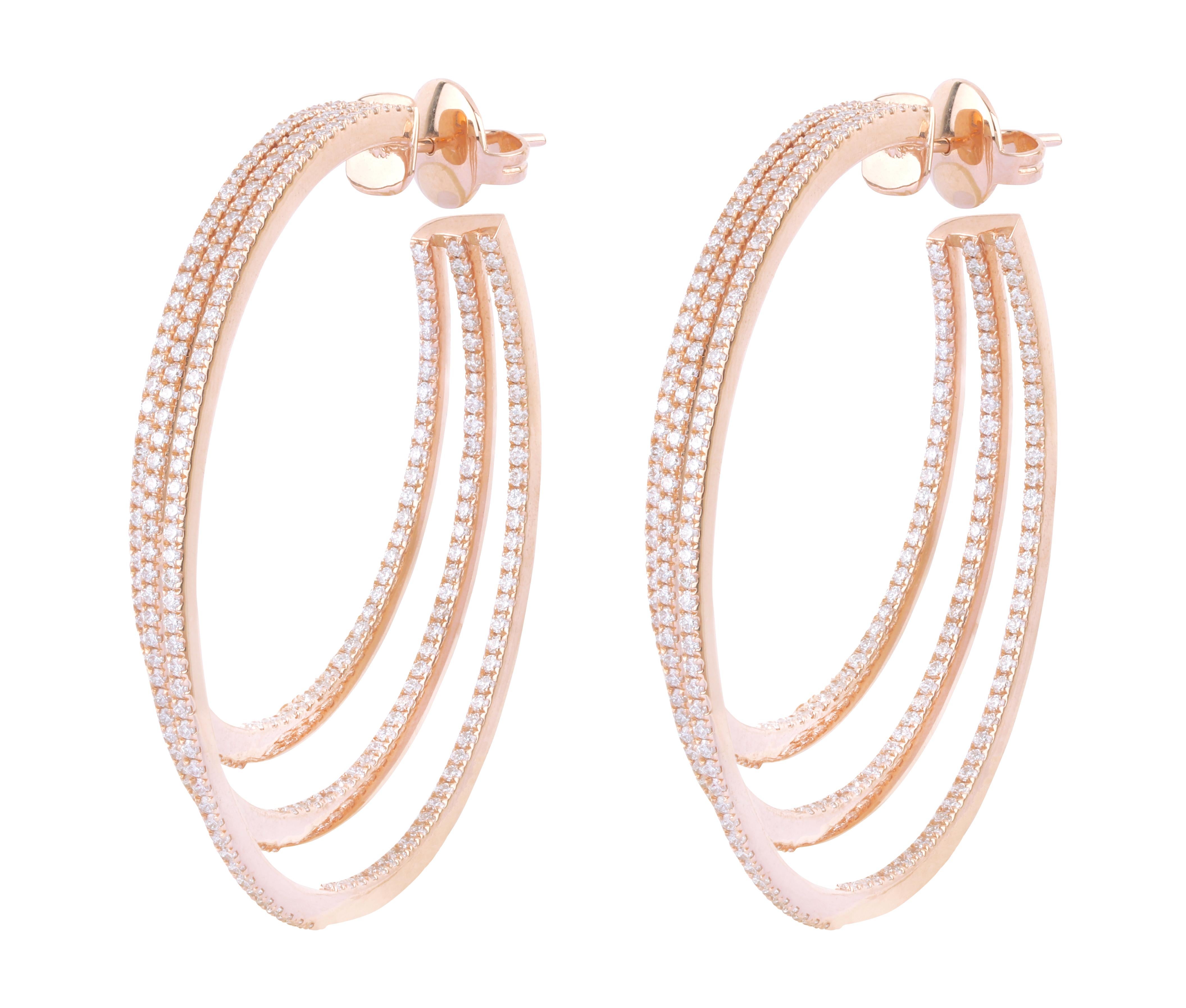 18 Karat Rose Gold 5.01 Carat Brilliant-Cut Diamond Three-Row Hoop Earrings  In New Condition For Sale In Jaipur, IN