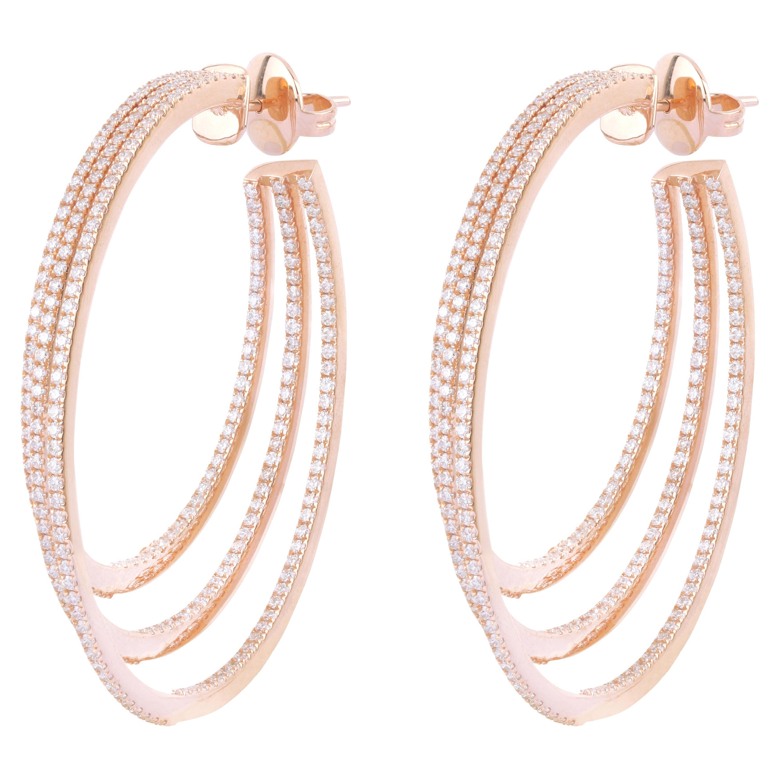 Boucles d'oreilles à trois rangs en or rose 18 carats et diamant Brilliante de 5,01 carats