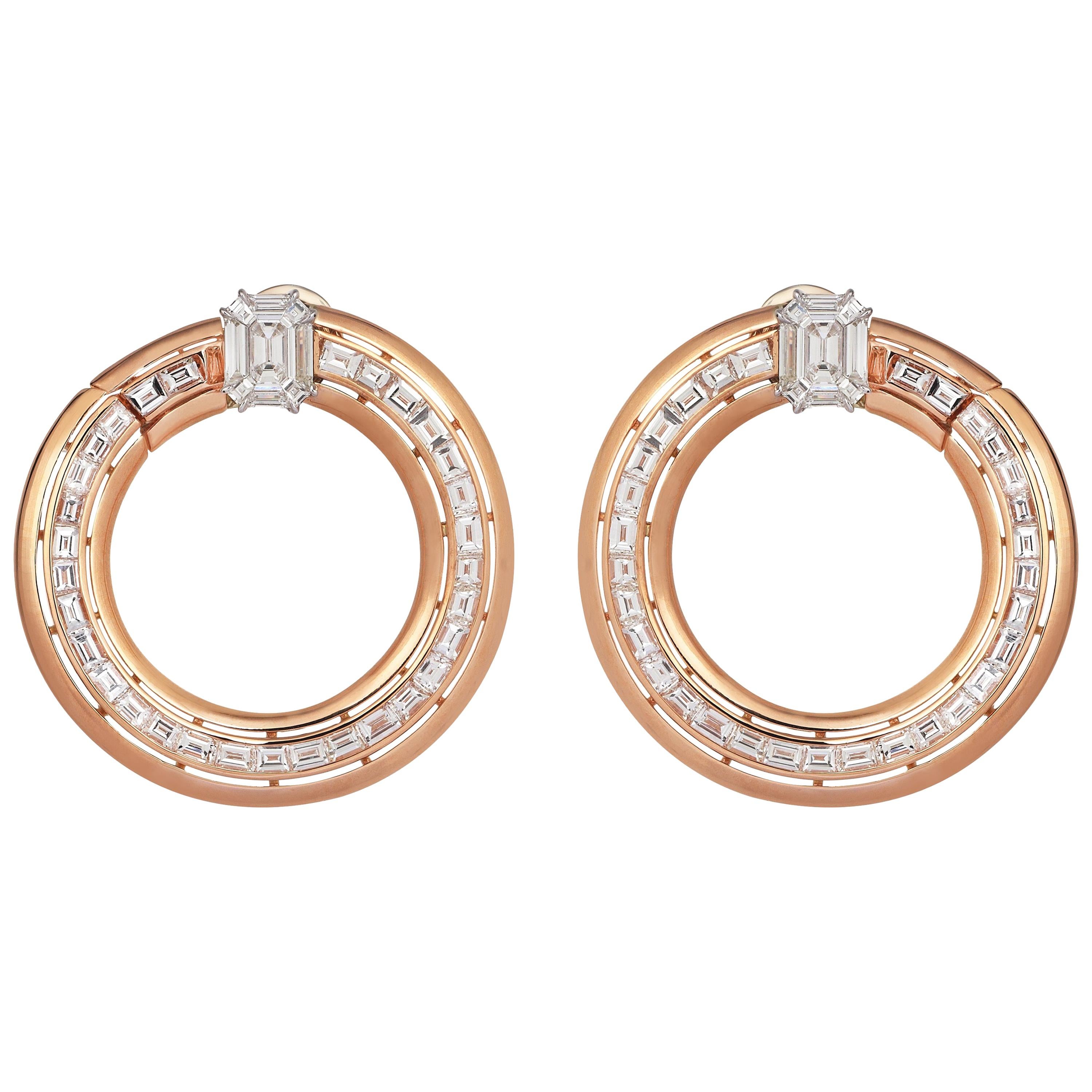 18 Karat Rose Gold 5.92 Pie Cut Diamond 1.37 Carat Emerald Cut Diamond Earrings For Sale