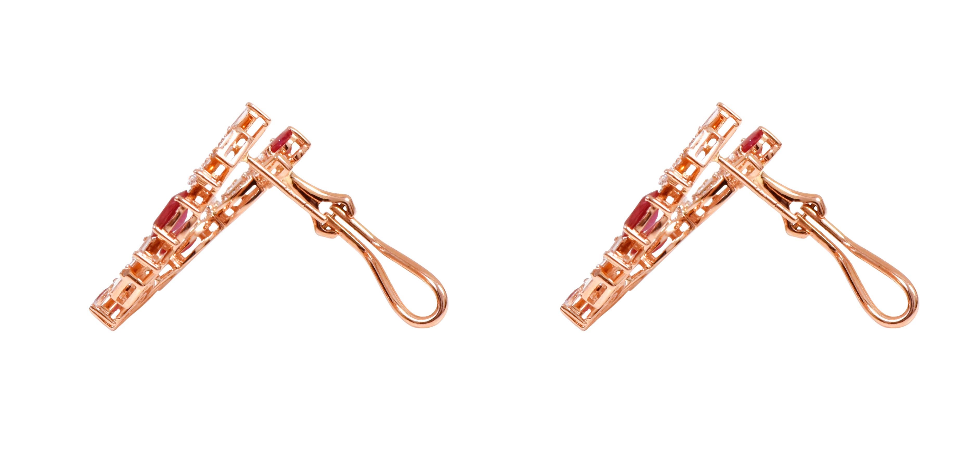 Contemporary 18 Karat Rose Gold 6.38 Carat Ruby and Diamond Modified Hoop Earrings For Sale