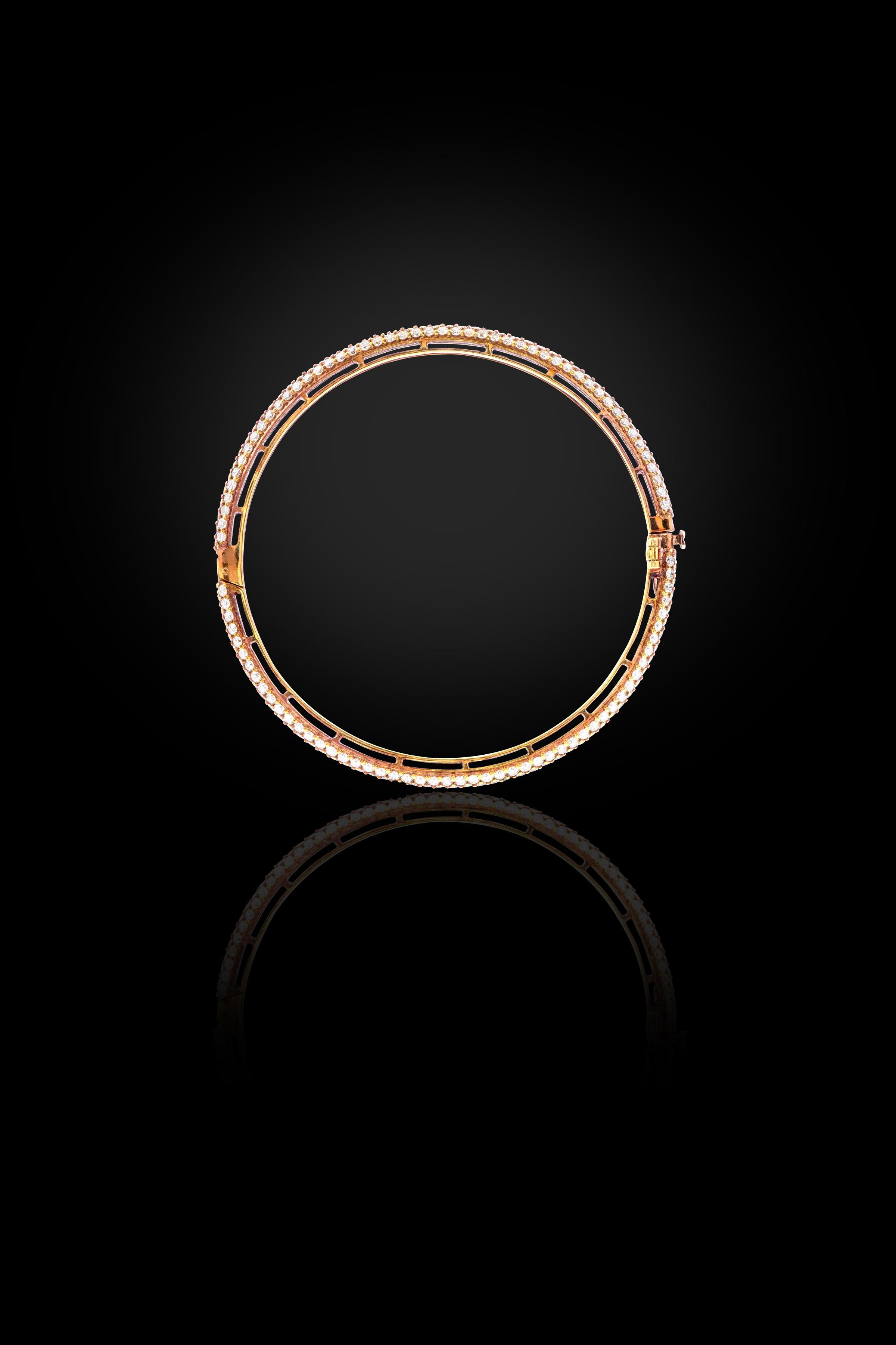 Modern 18 Karat Rose Gold 6.54 Carat Pave Set Diamond Three Row Bangle Bracelet For Sale
