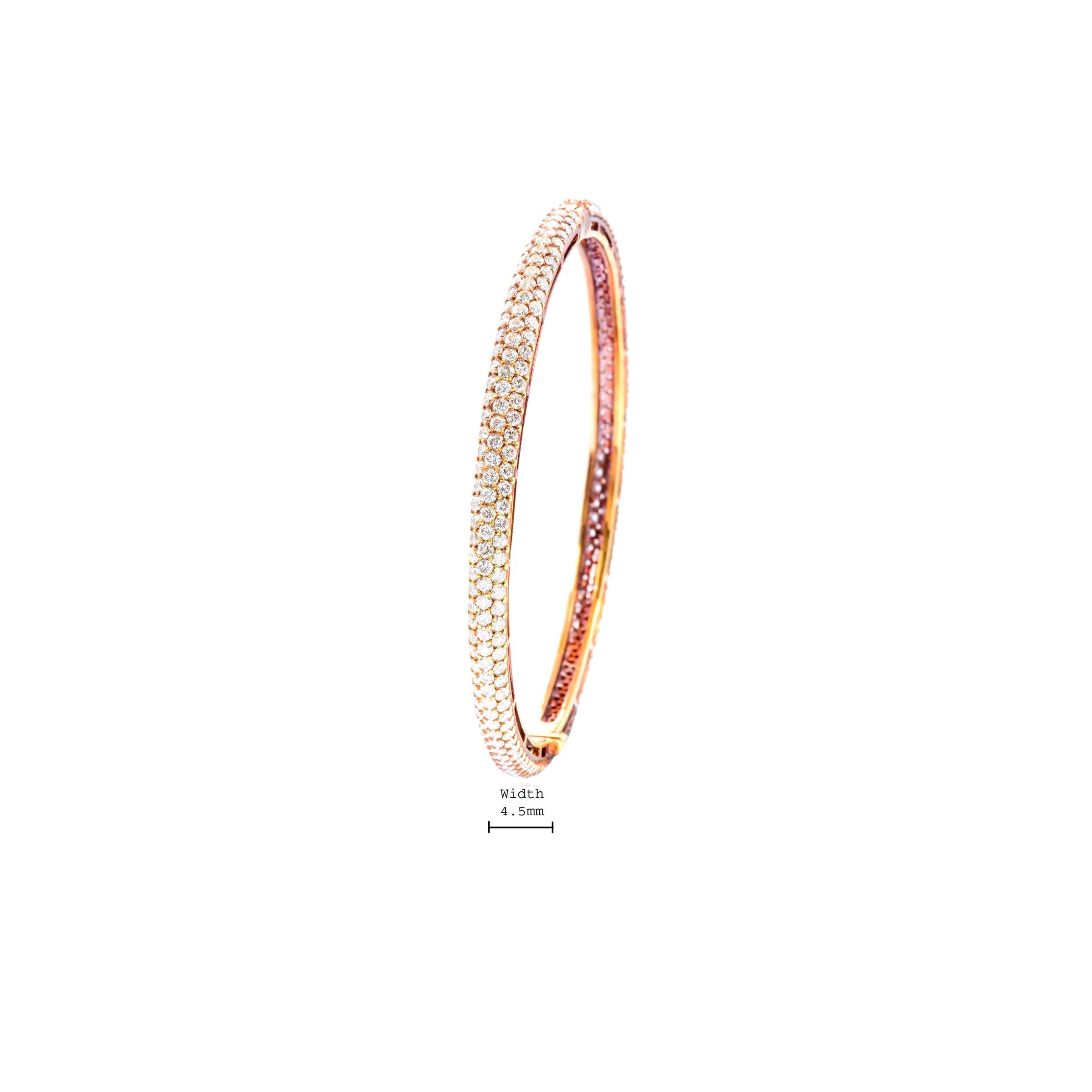 Brilliant Cut 18 Karat Rose Gold 6.54 Carat Pave Set Diamond Three Row Bangle Bracelet For Sale