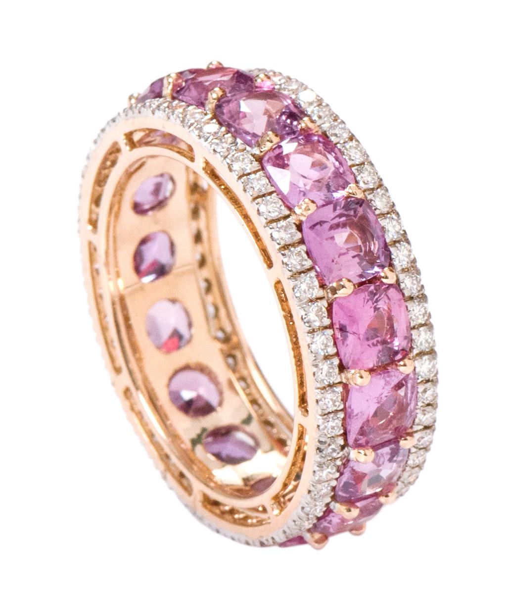 Modern 18 Karat Rose Gold 6.82 Carat Pink Sapphire and Diamond Eternity Band Ring