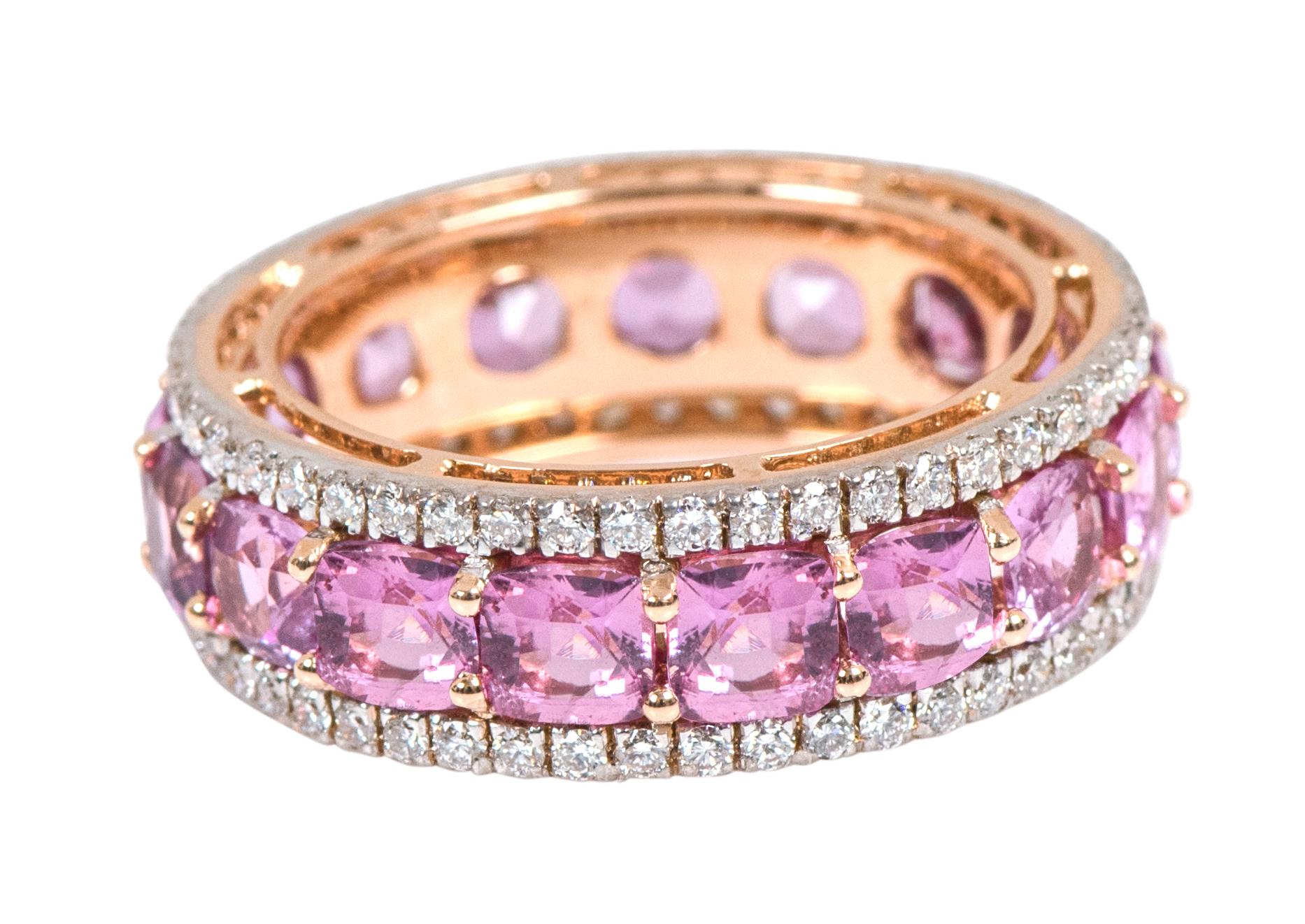 Women's 18 Karat Rose Gold 6.82 Carat Pink Sapphire and Diamond Eternity Band Ring