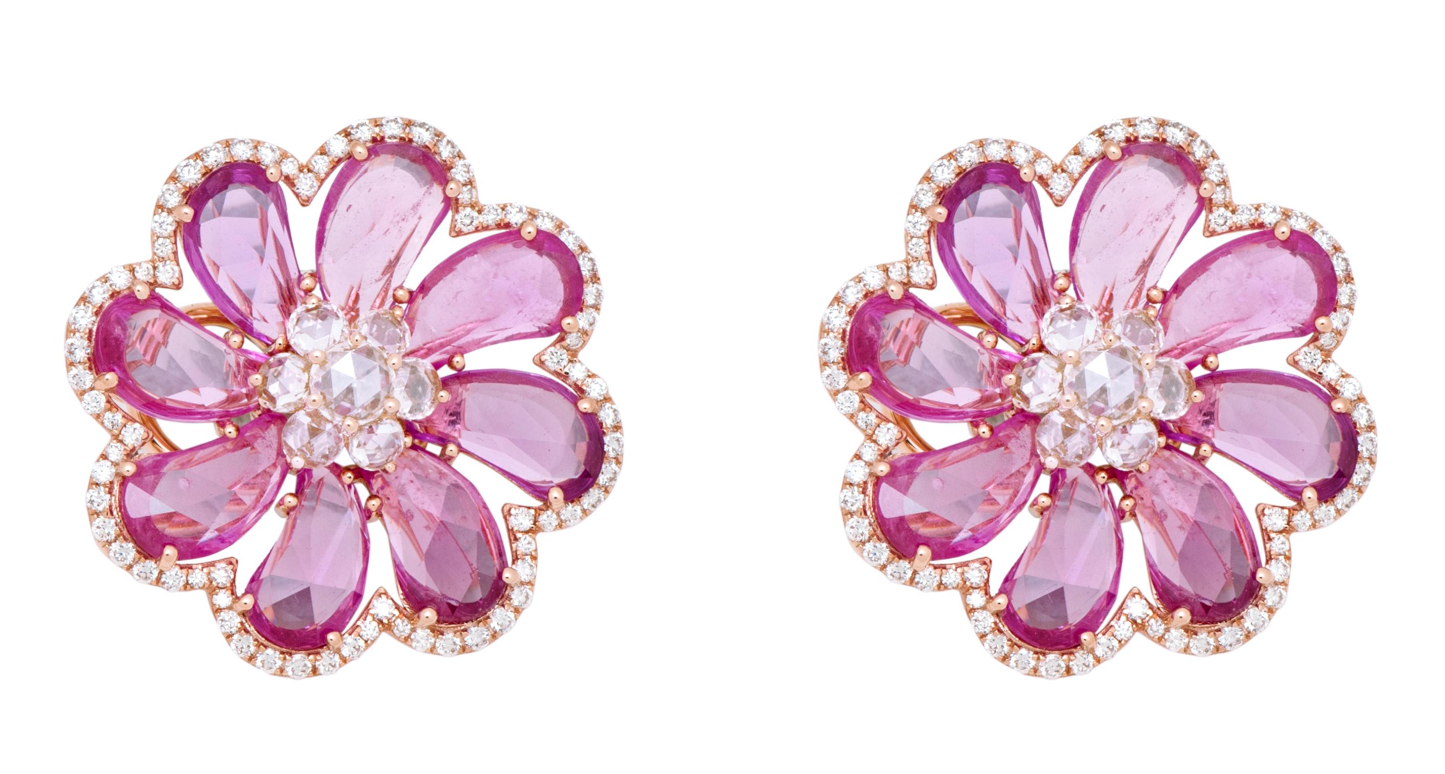 Rose Cut 18 Karat Rose Gold 7.24 Carats Pink Sapphire and Diamond Flower Stud Earrings For Sale