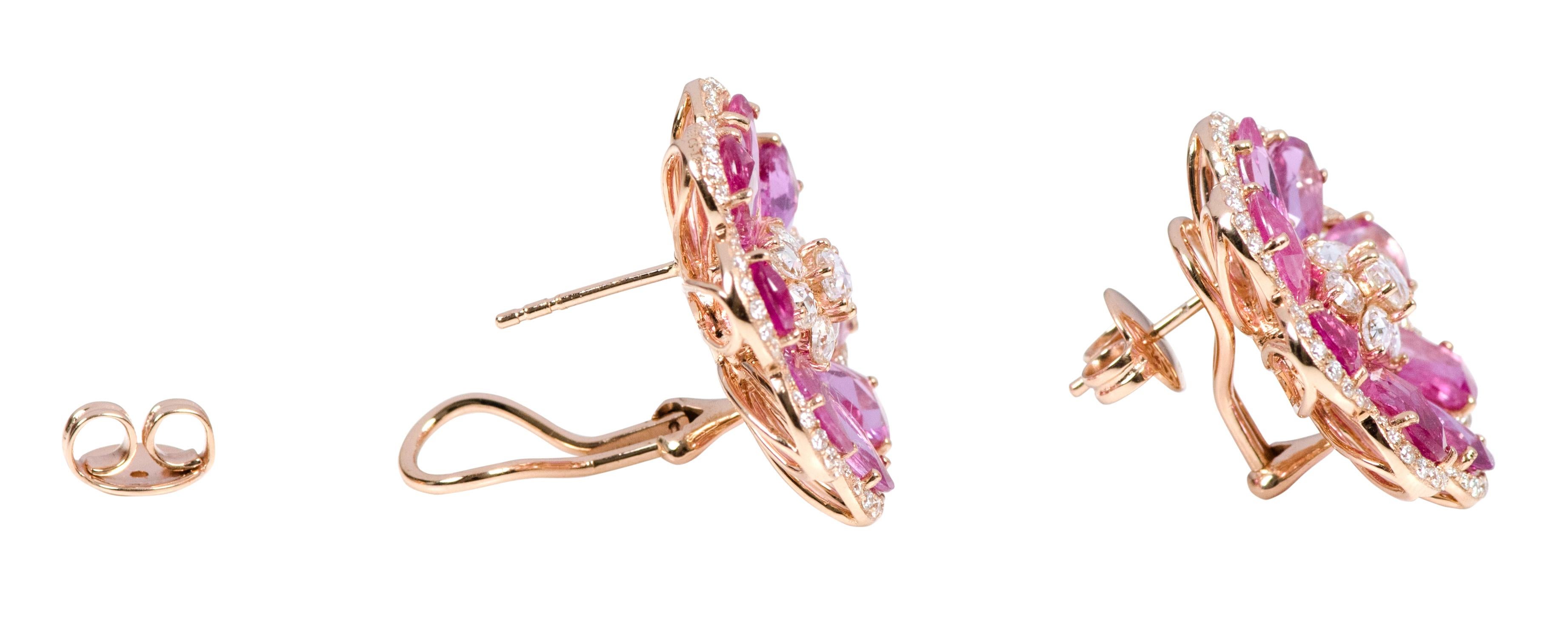 Women's 18 Karat Rose Gold 7.24 Carats Pink Sapphire and Diamond Flower Stud Earrings For Sale