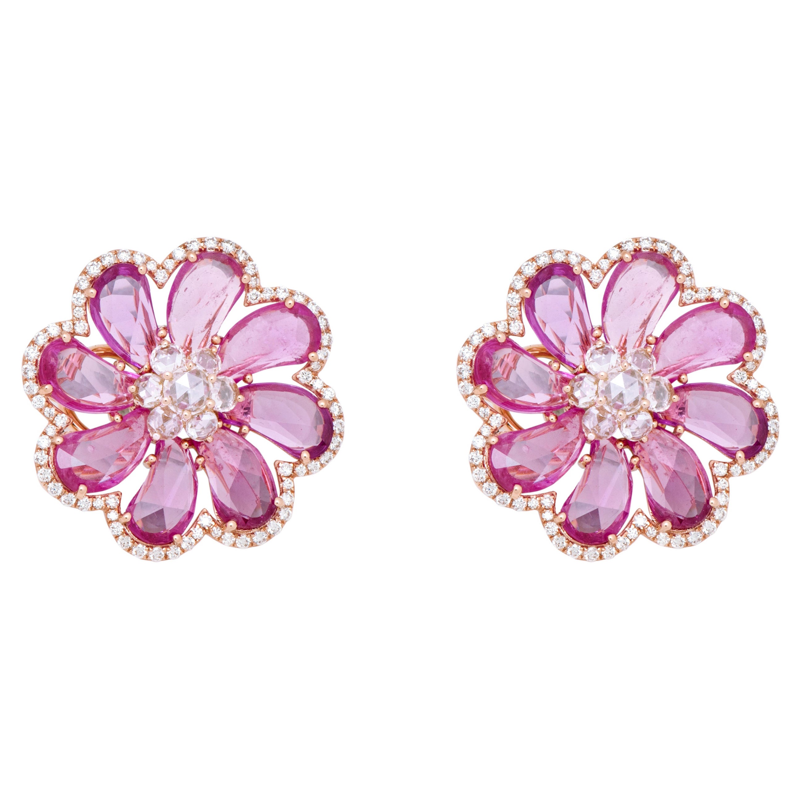 Clous d'oreilles fleur en or rose 18 carats, saphir rose de 7,24 carats et diamants