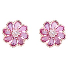 Clous d'oreilles fleur en or rose 18 carats, saphir rose de 7,24 carats et diamants