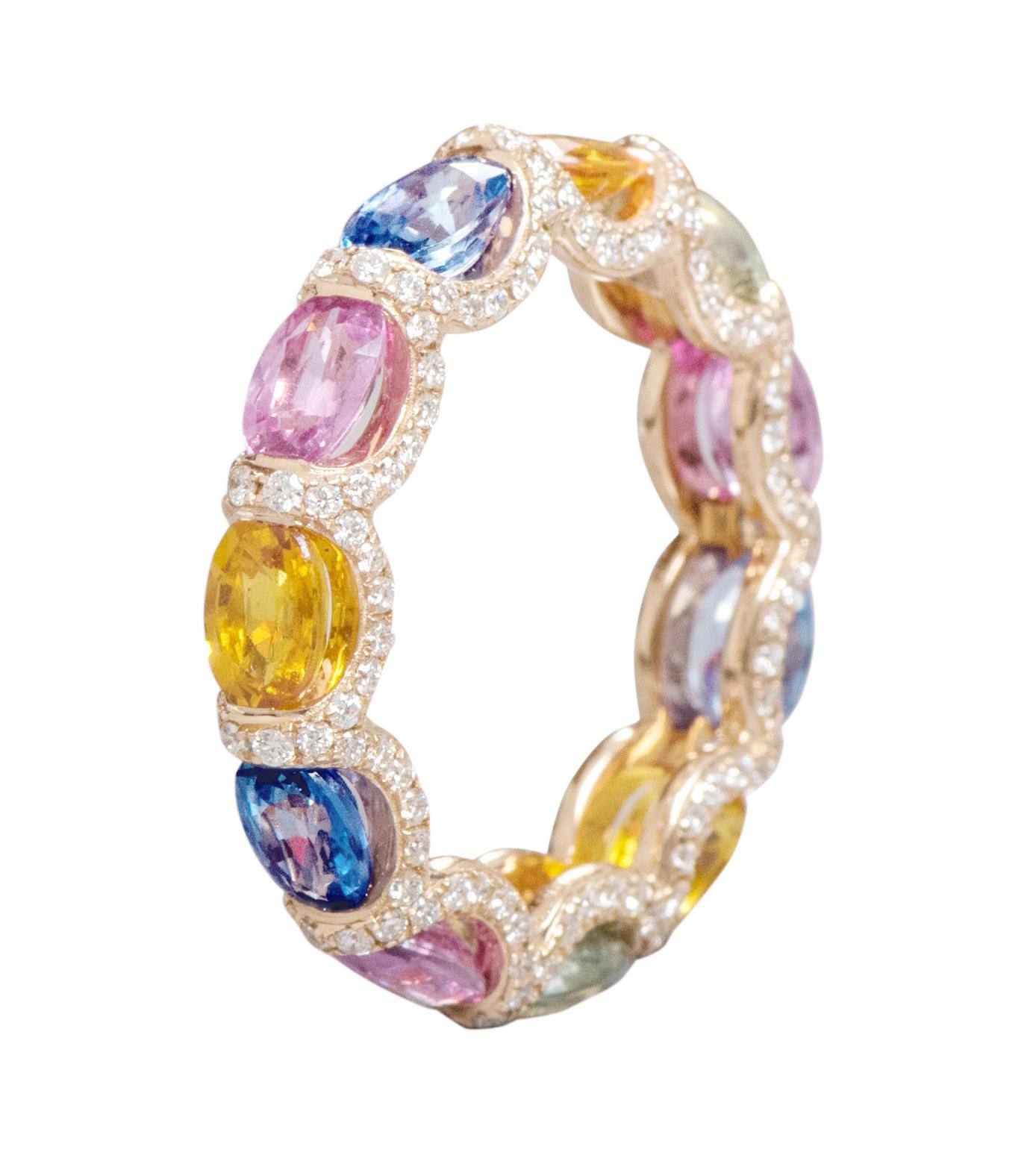 Contemporary 18 Karat Rose Gold 7.61 Carat Multi-Sapphire and Diamond Eternity Band Ring For Sale