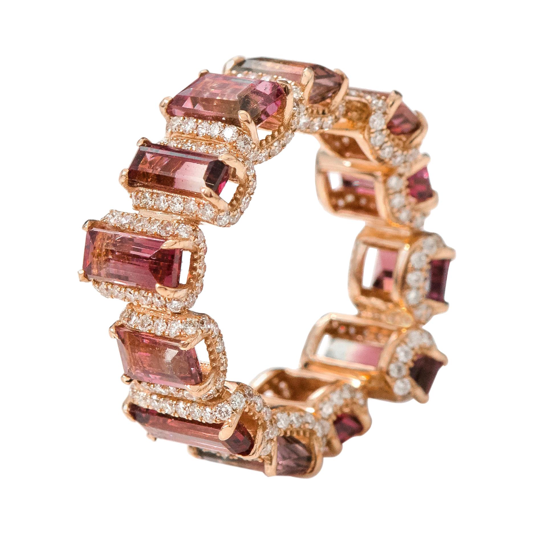 Anneau d'éternité en or rose 18 carats avec tourmaline de 7,79 carats et diamants