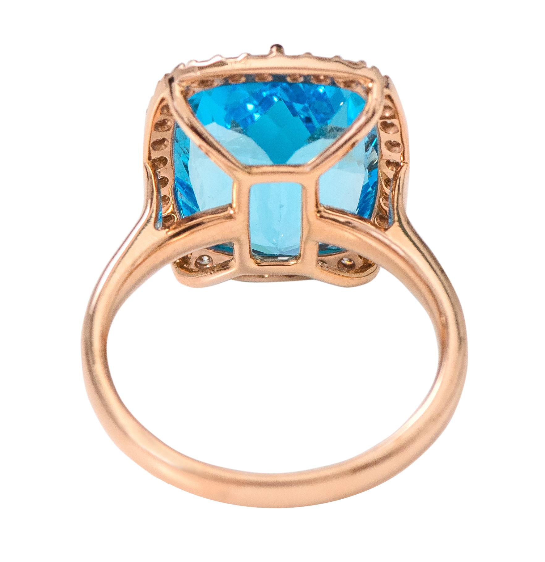 Women's 18 Karat Rose Gold 8.15 Carat Cushion-Cut Blue Topaz and Diamond Cocktail Ring For Sale