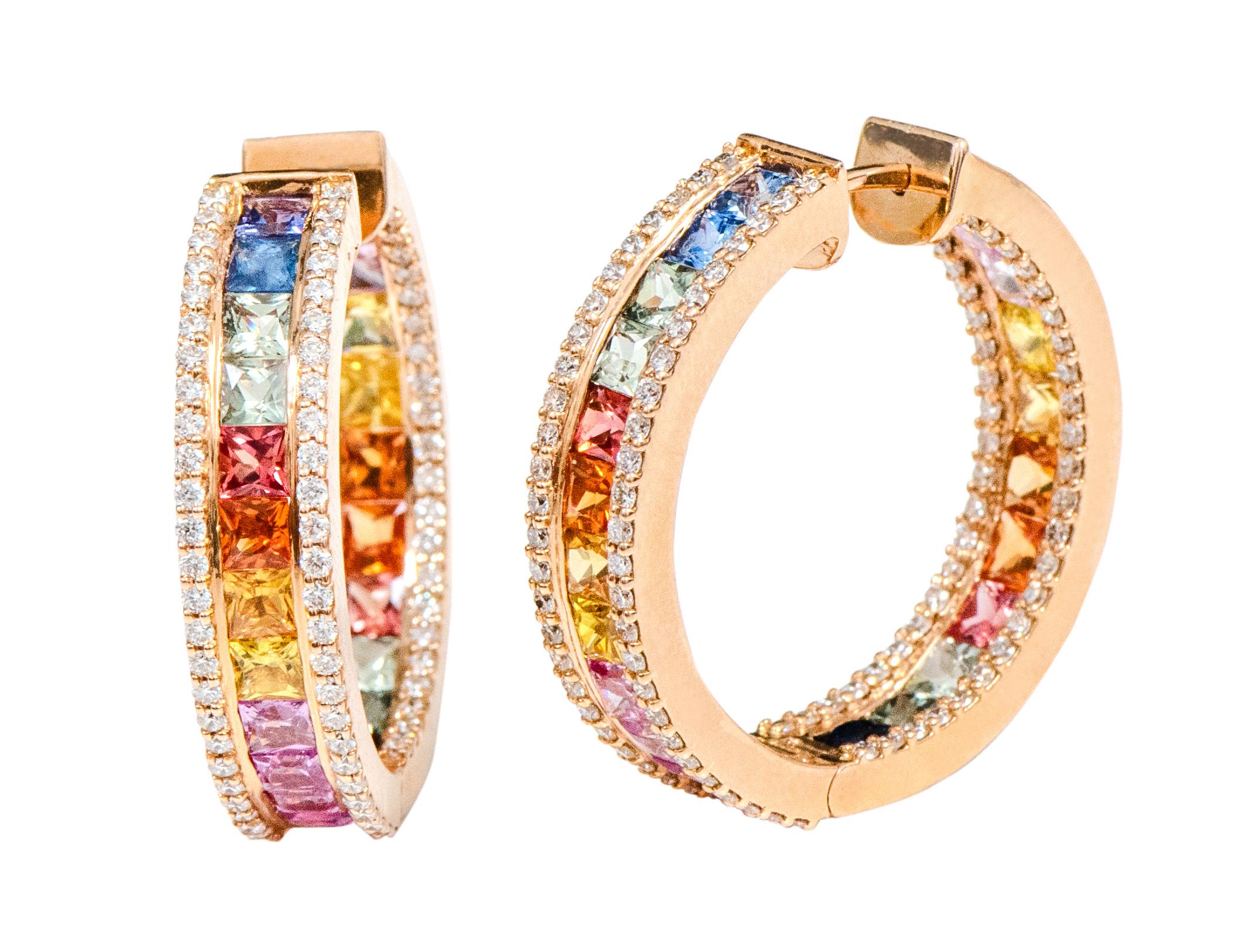 Taille princesse Créoles en or rose 18 carats avec saphirs multicolores de 9,33 carats et diamants en vente