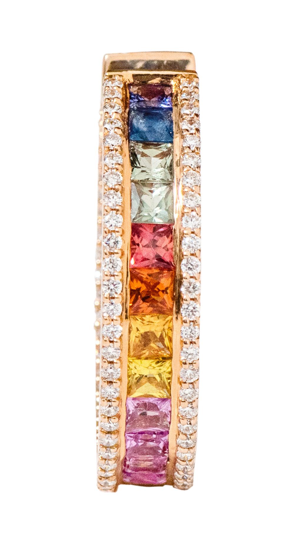 Contemporary 18 Karat Rose Gold 9.33 Carat Multi-Color Sapphire and Diamond Hoop Earrings For Sale
