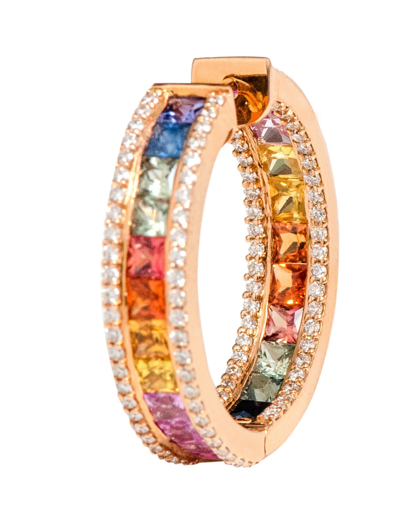 Princess Cut 18 Karat Rose Gold 9.33 Carat Multi-Color Sapphire and Diamond Hoop Earrings For Sale