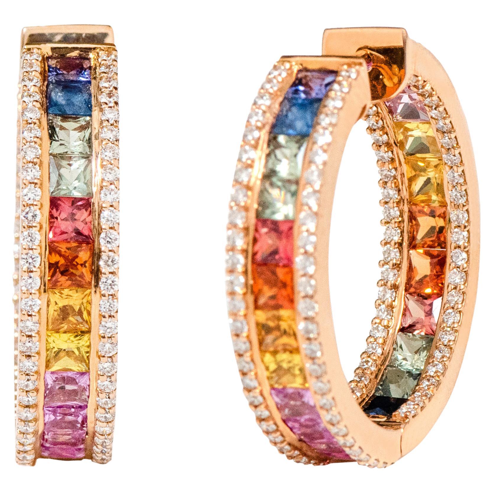 18 Karat Rose Gold 9.33 Carat Multi-Color Sapphire and Diamond Hoop Earrings