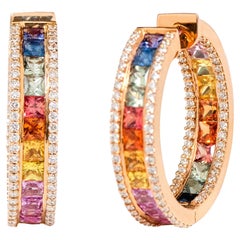 18 Karat Rose Gold 9.33 Carat Multi-Color Sapphire and Diamond Hoop Earrings
