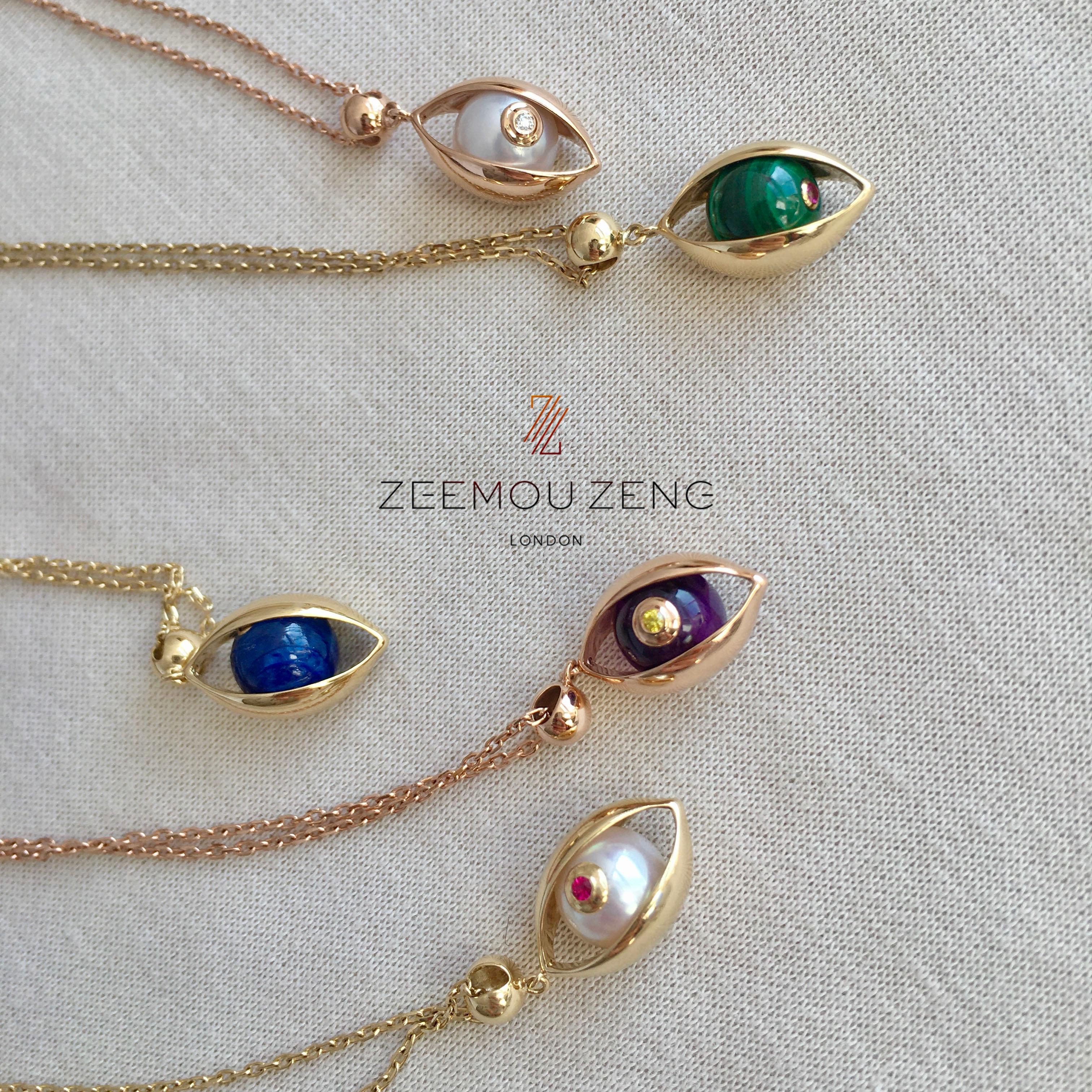 Artisan Eye Unisex Small Pendant Necklace 18 Karat Rose Gold Akoya Pearl Diamond Ruby For Sale