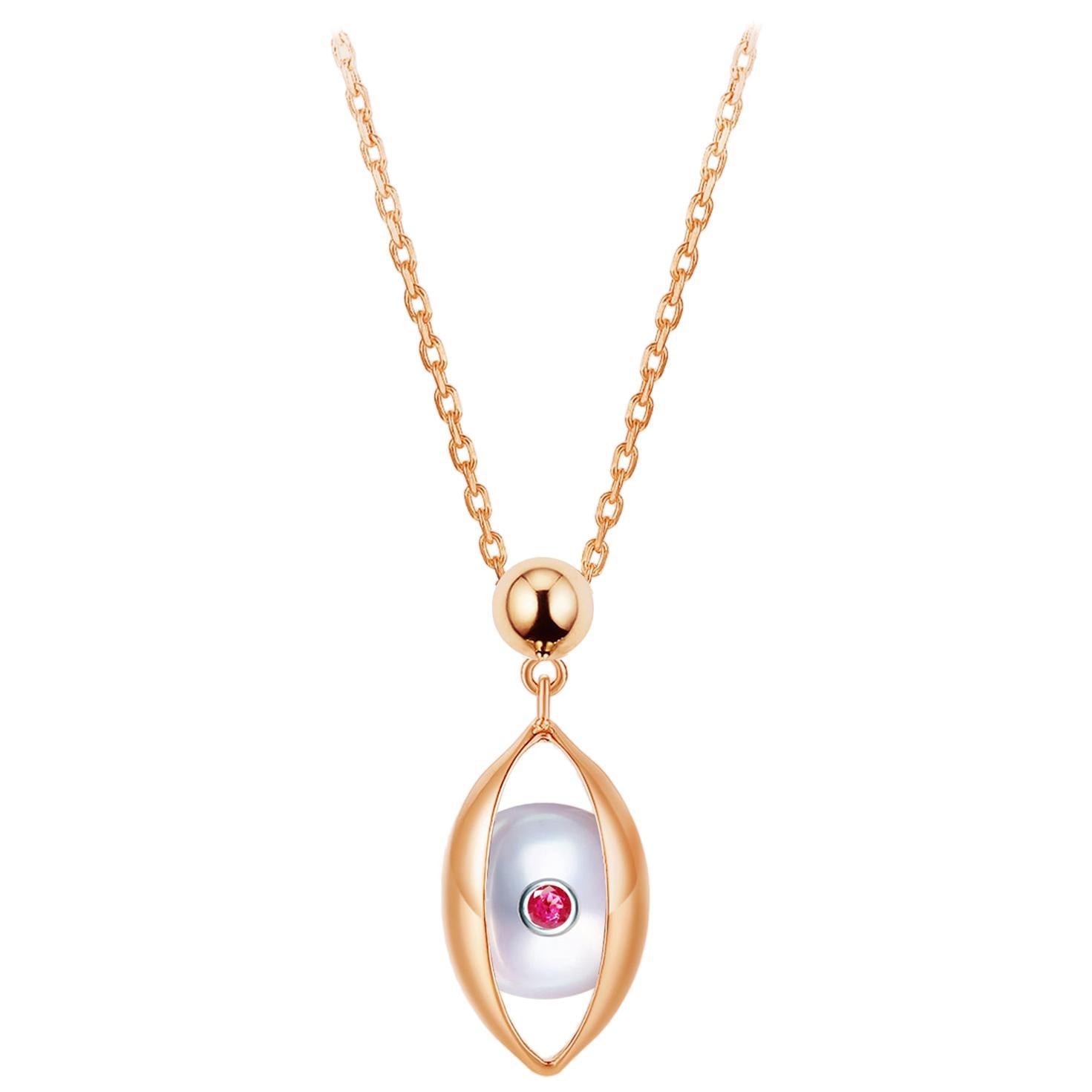 Eye Unisex Small Pendant Necklace 18 Karat Rose Gold Akoya Pearl Diamond Ruby