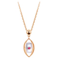 Eye Unisex Small Pendant Necklace 18 Karat Rose Gold Akoya Pearl Diamond Ruby