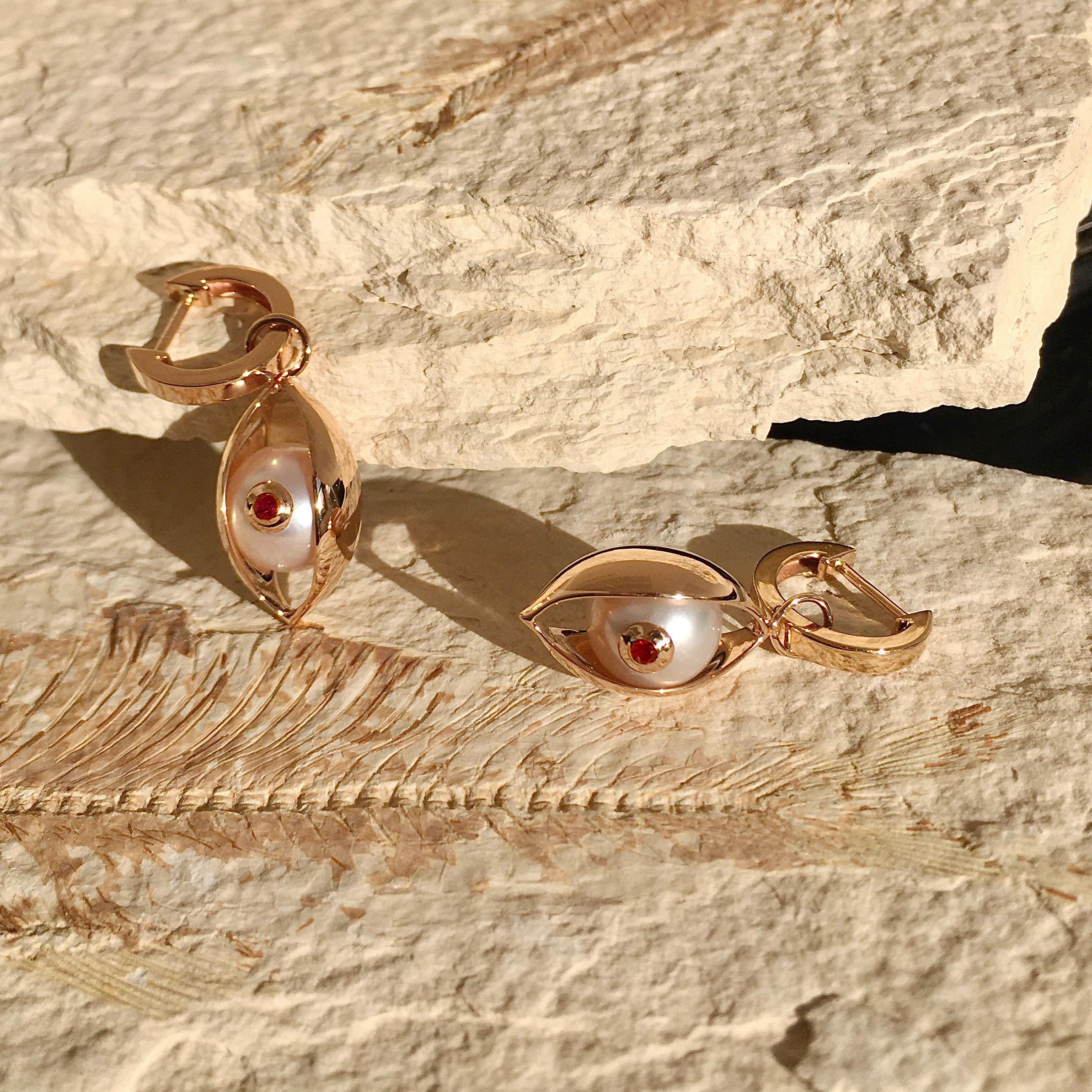 Artisan Eye Unisex Hoop Earrings 18 Karat Rose Gold Akoya Pearl Ruby Diamond For Sale