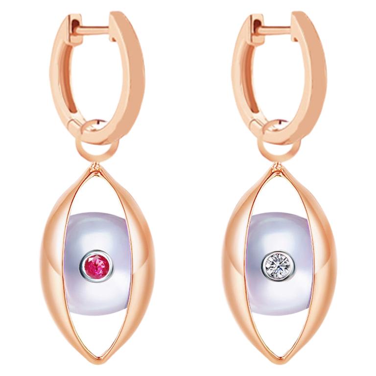 Eye Unisex Hoop Earrings 18 Karat Rose Gold Akoya Pearl Ruby Diamond For Sale
