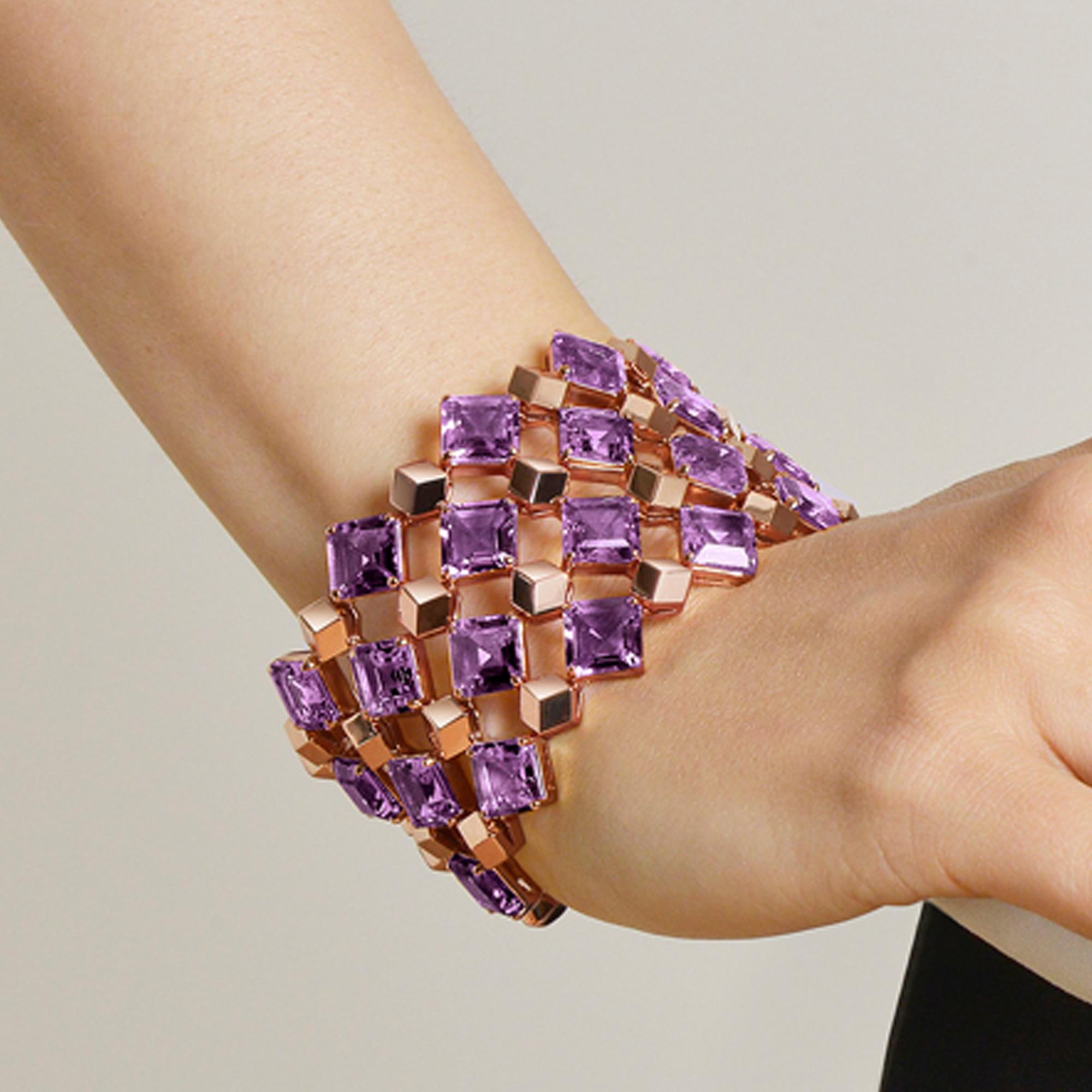 Contemporary Paolo Costagli 18 Karat Rose Gold Amethyst 84.56 Carat Very PC Cuff For Sale