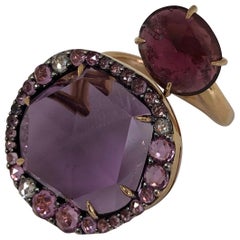 18 Karat Rose Gold Amethyst and Rubellite Modern Cocktail Ring