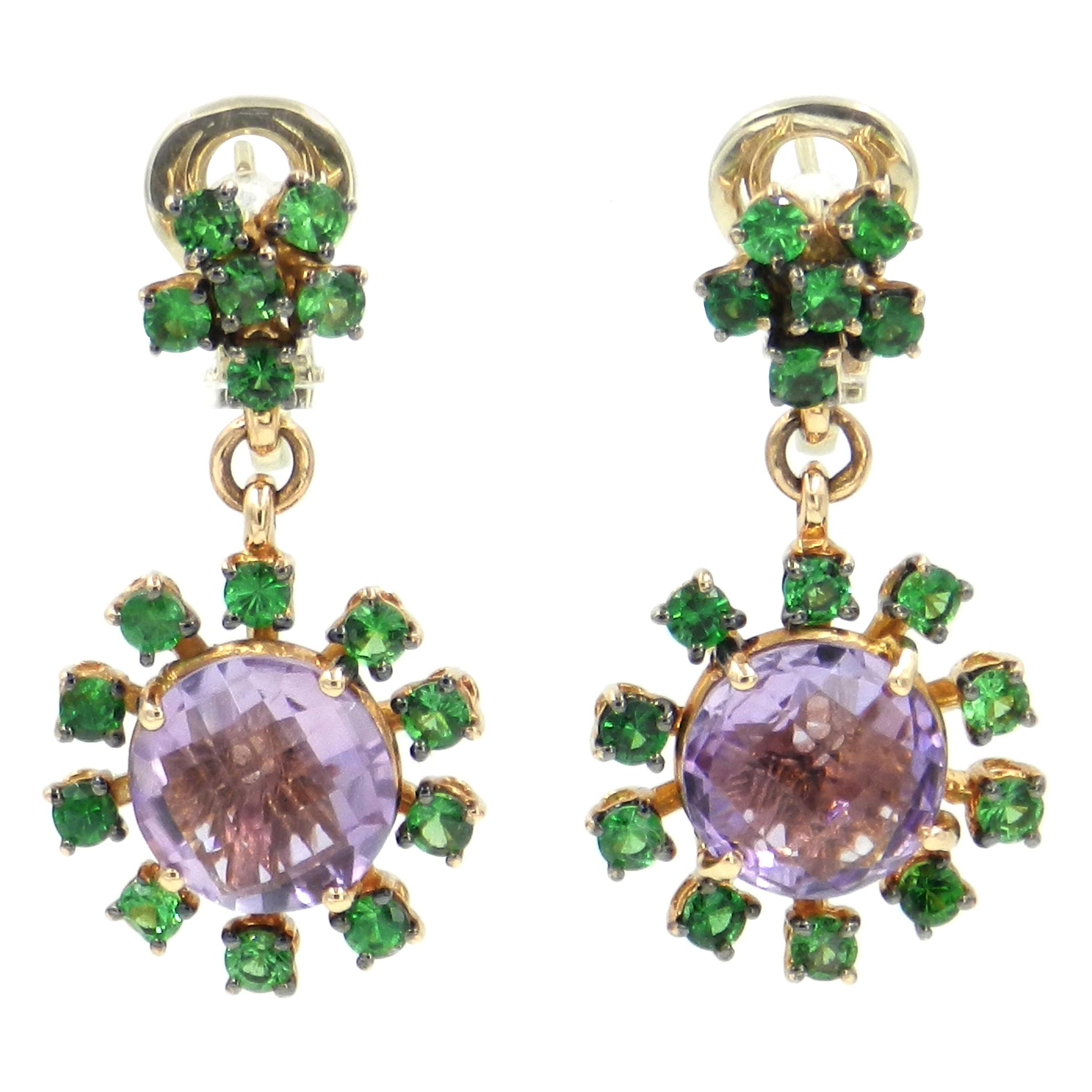 Emerald Cut Amethyst with Round Tsavorite 18 Karat Rose Yellow Gold Earrings at 1stDibs