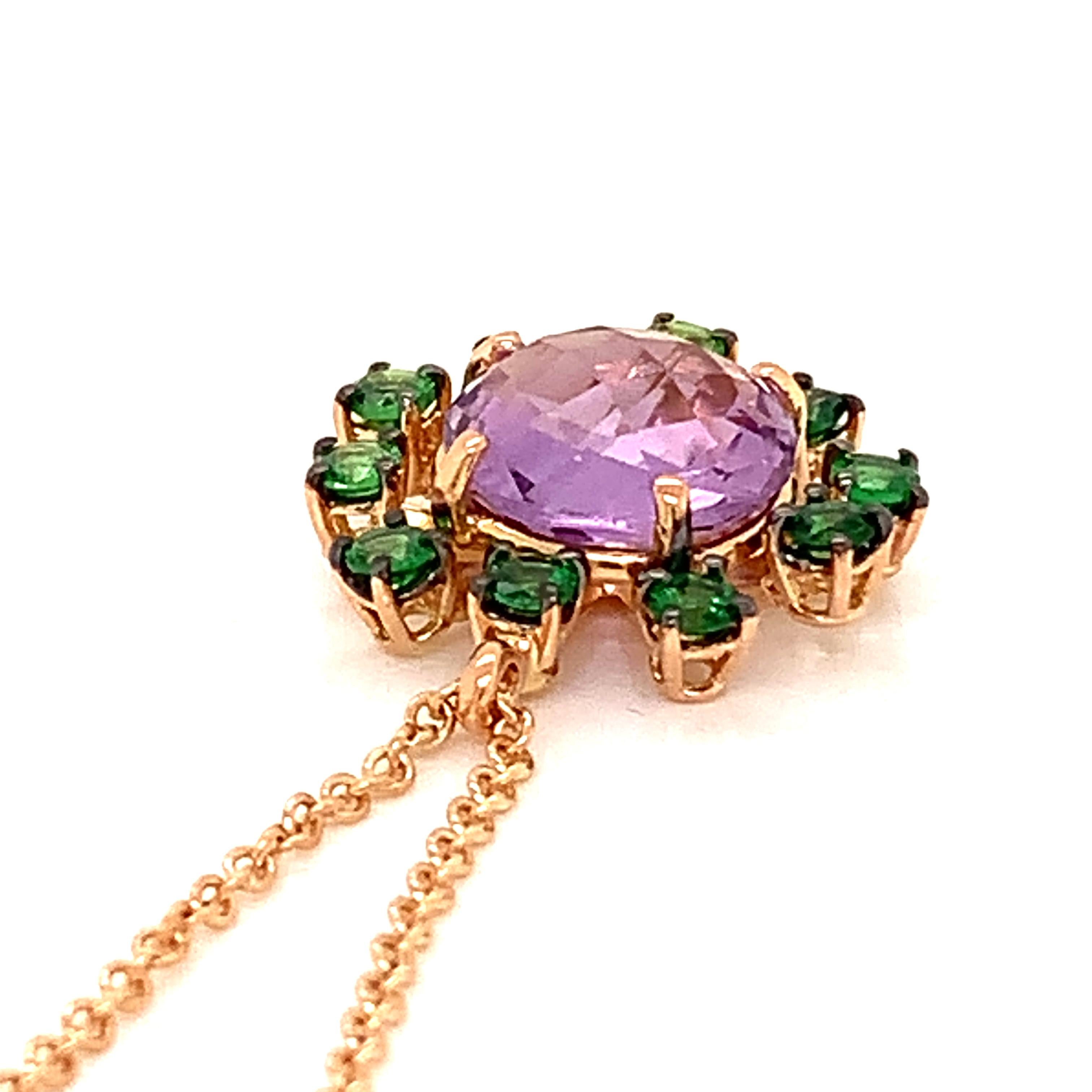 Contemporary 18 Karat Rose Gold Amethyst and Tzavorite Garavelli Pendant with Chain For Sale