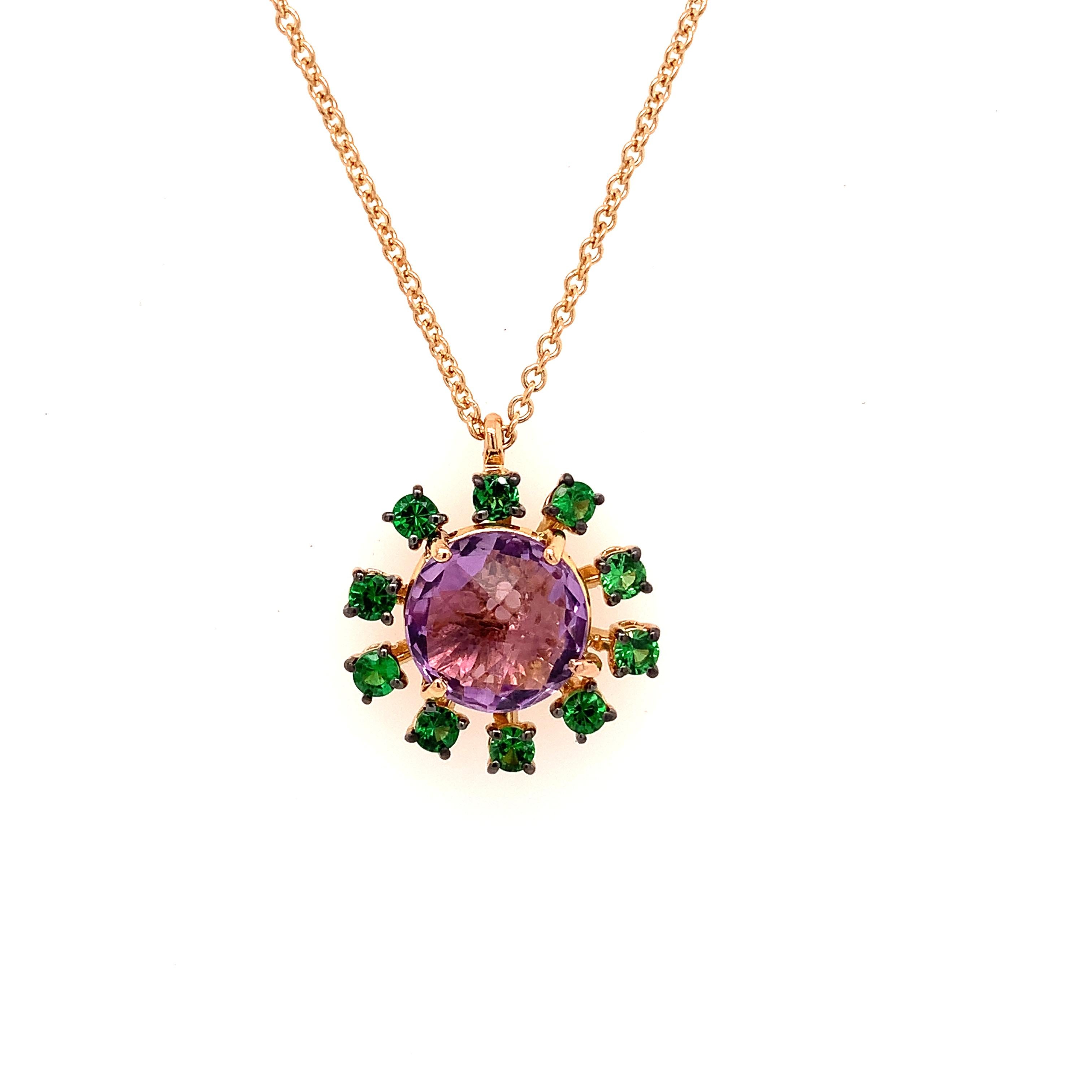 18 Karat Rose Gold Amethyst and Tzavorite Garavelli Pendant with Chain In New Condition For Sale In Valenza, IT