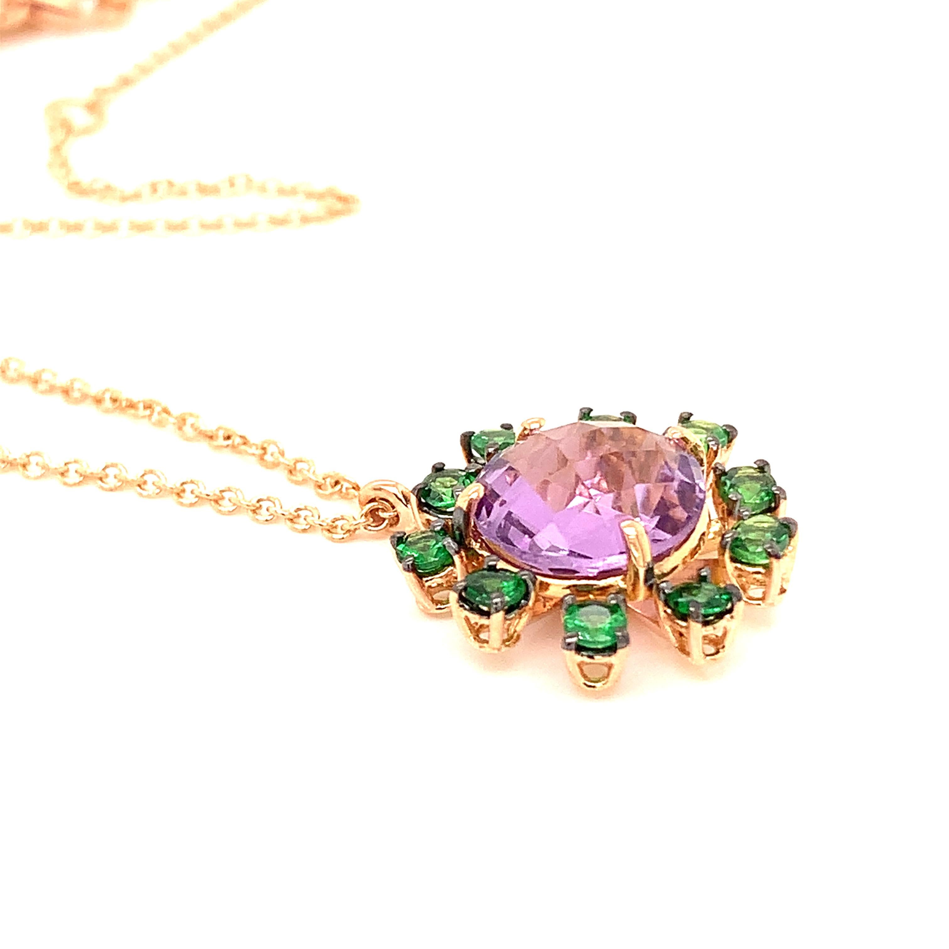 18 Karat Rose Gold Amethyst and Tzavorite Garavelli Pendant with Chain For Sale 1