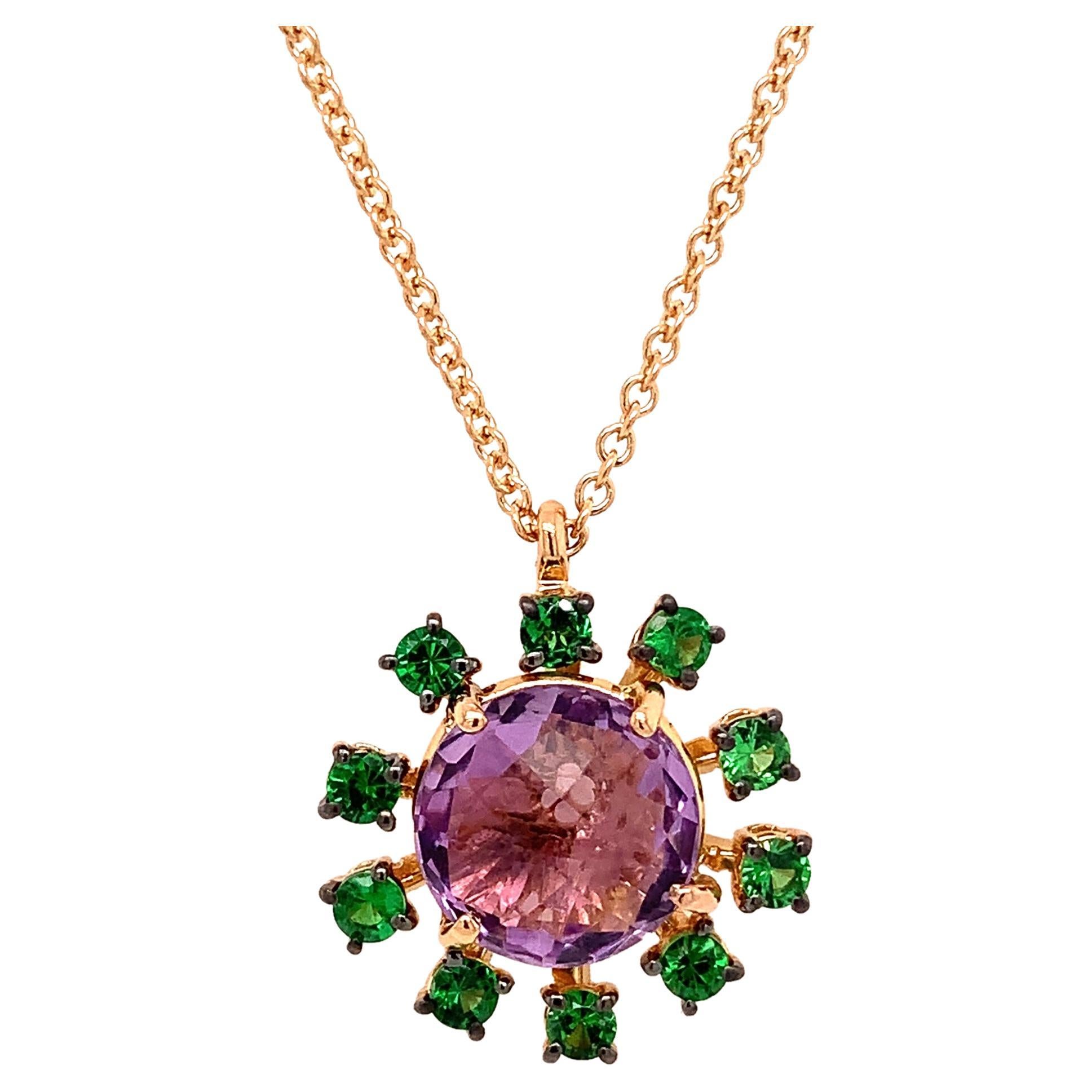 18 Karat Rose Gold Amethyst and Tzavorite Garavelli Pendant with Chain For Sale