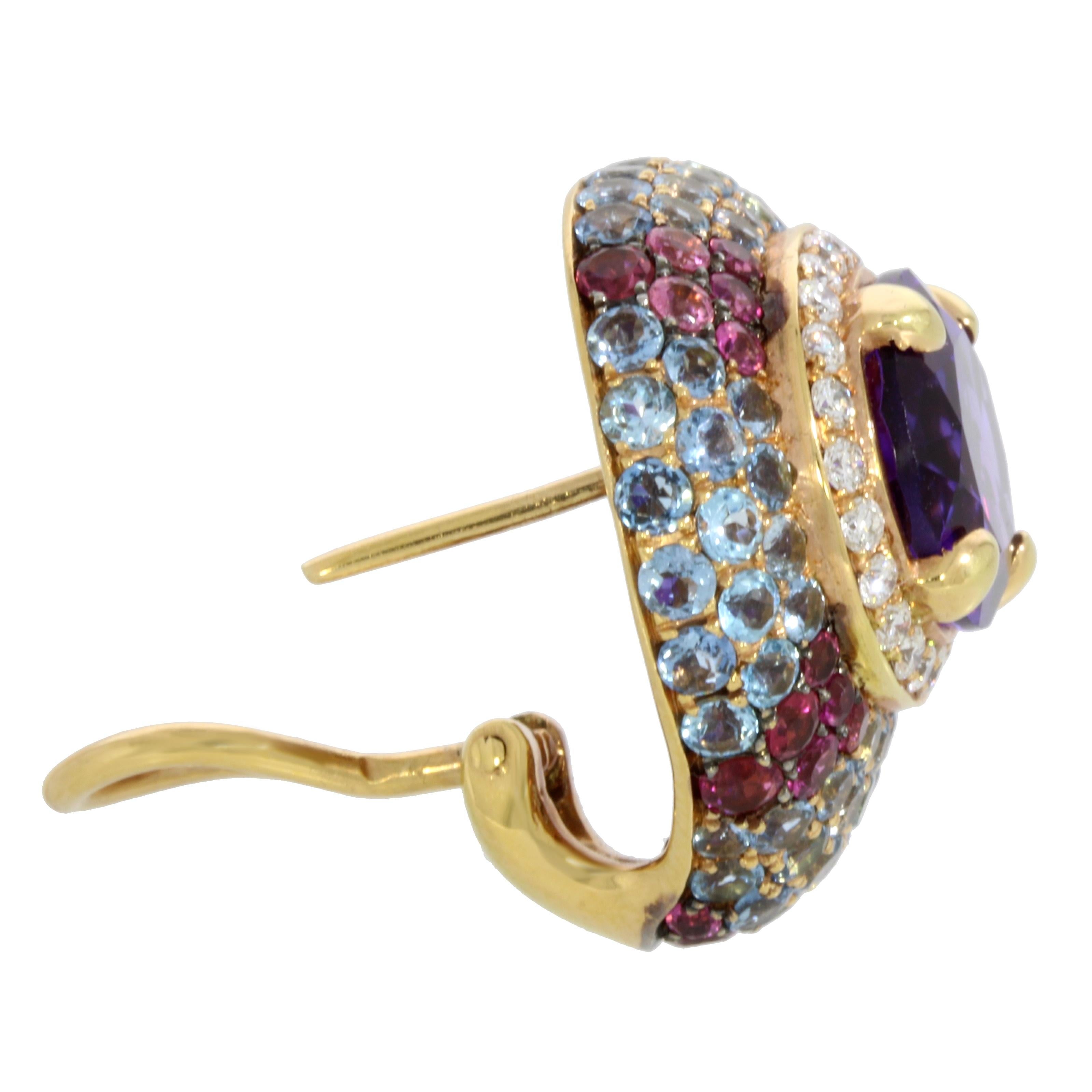 Contemporary 18 Karat Rose Gold Amethyst Aquamarine Rubellite Venice Earrings by Niquesa For Sale