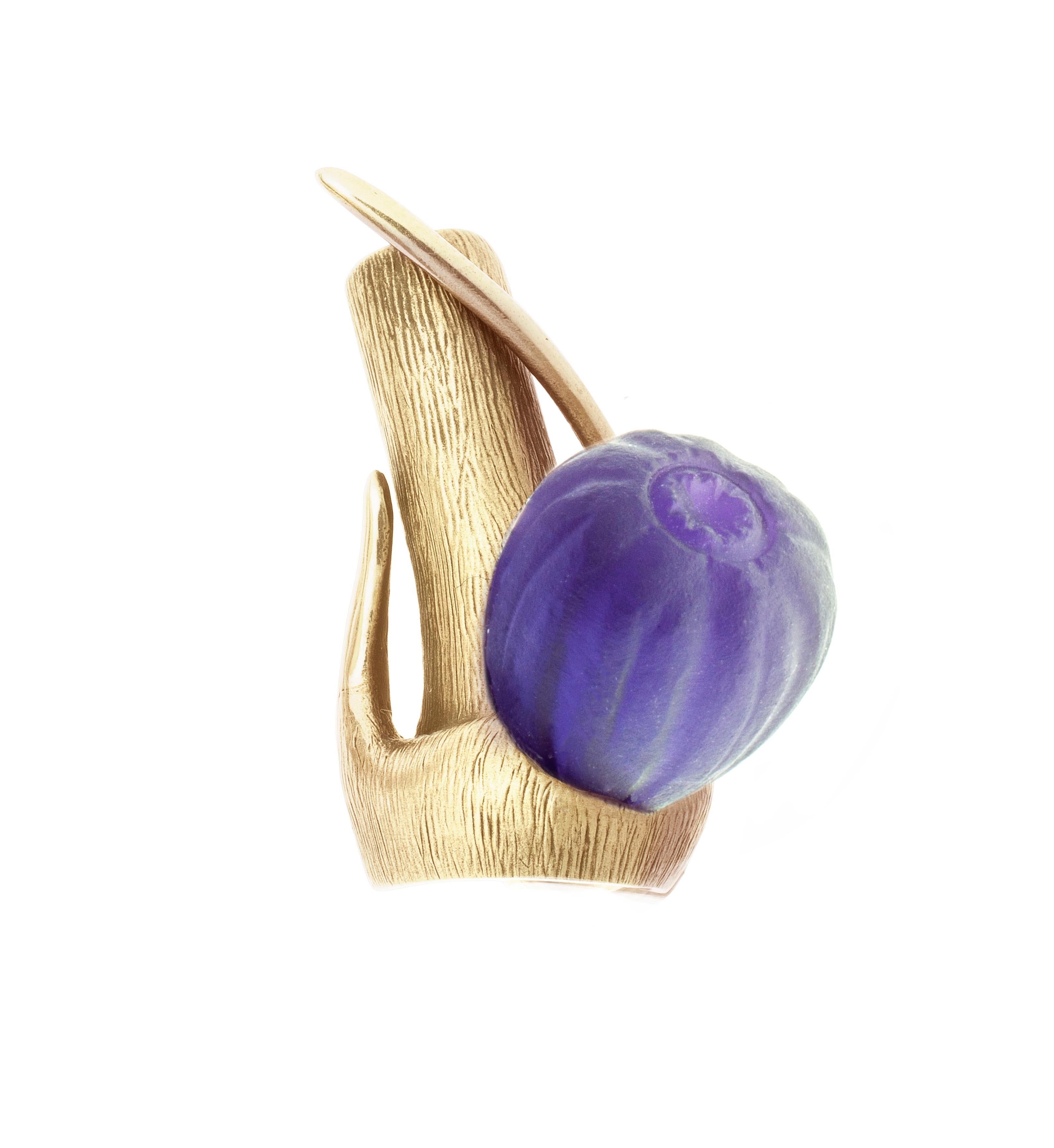 This Art Nouveau Style Fig Brooch is made of 14 karat yellow gold with amethyst. The collection was featured in a Harper's Bazaar UA editorial. This piece can be personally signed.

The fig fruit is a unique, hand-crafted sculpture of the sweetest