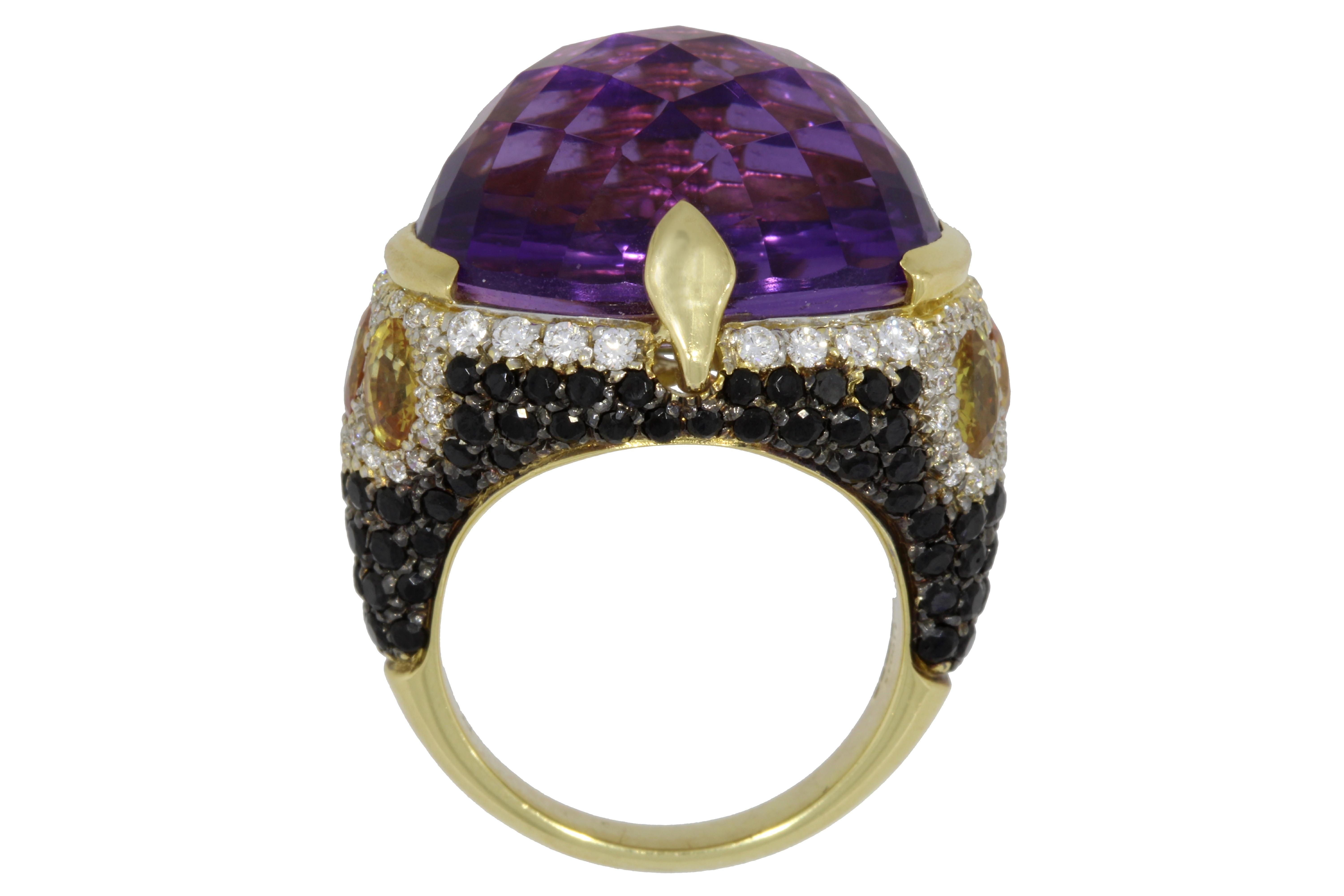 Regal in appearance, a striking domed faceted amethyst sits amongst an offering of feminine oval cut citrines surrounded by a majestic pave of brilliant cut diamonds and black spinel’s.

Amethyst Citrine and Diamond Venice ring
18 karat Rose Gold   
