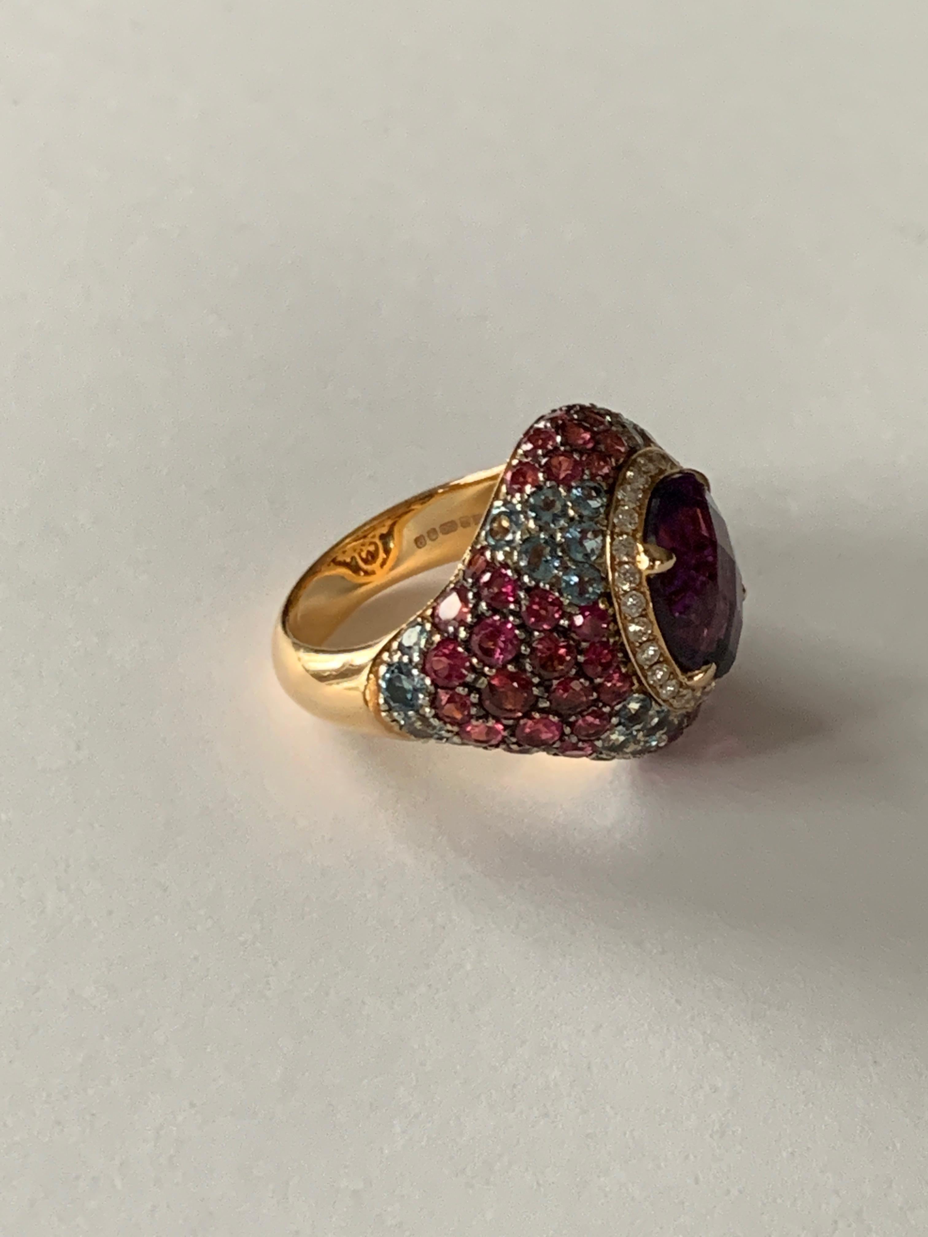 Contemporary 18 Karat Rose Gold Amethyst Cocktail Ring with Rubellite, Aquamarine and Diamond