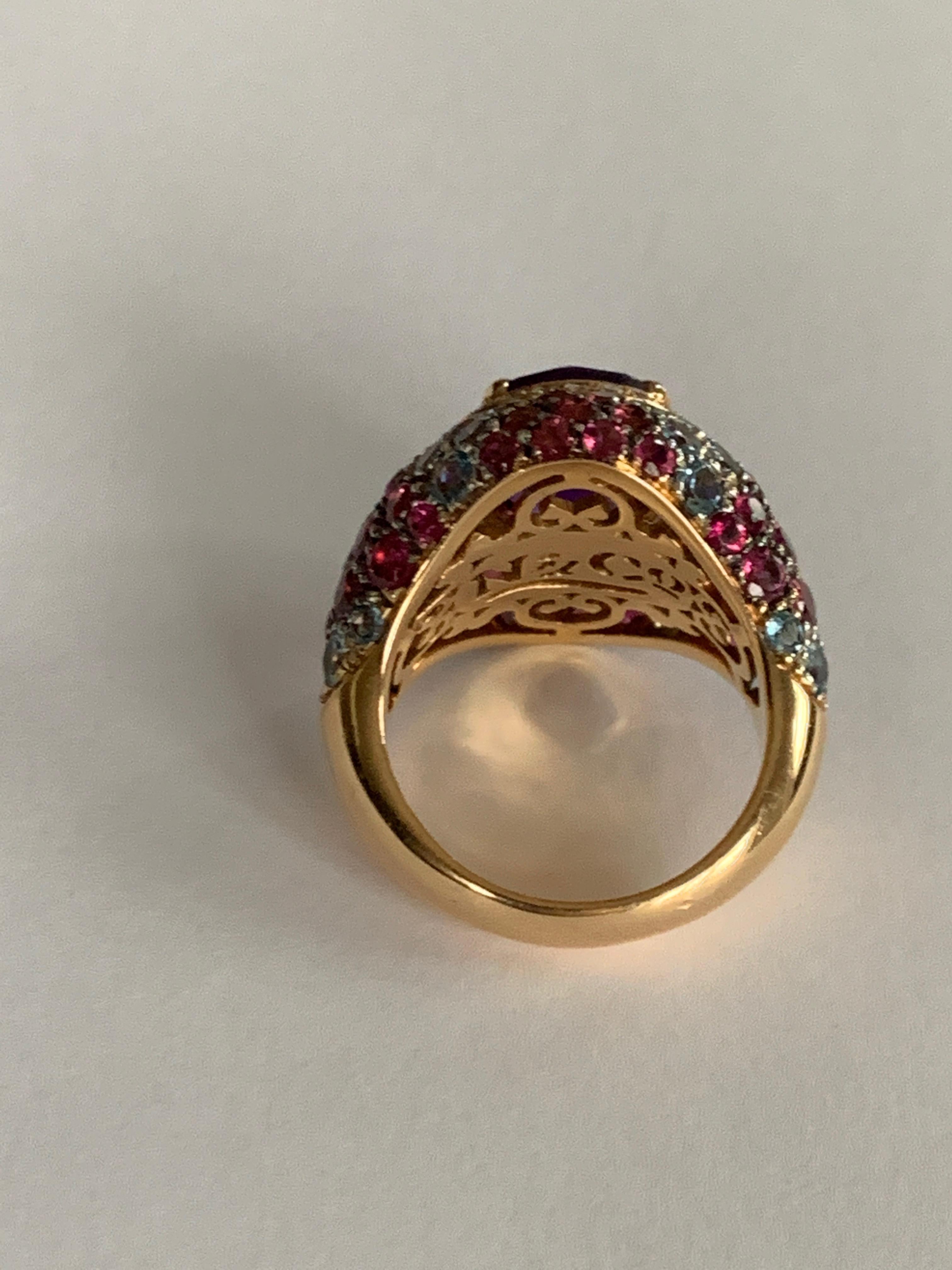 Oval Cut 18 Karat Rose Gold Amethyst Cocktail Ring with Rubellite, Aquamarine and Diamond