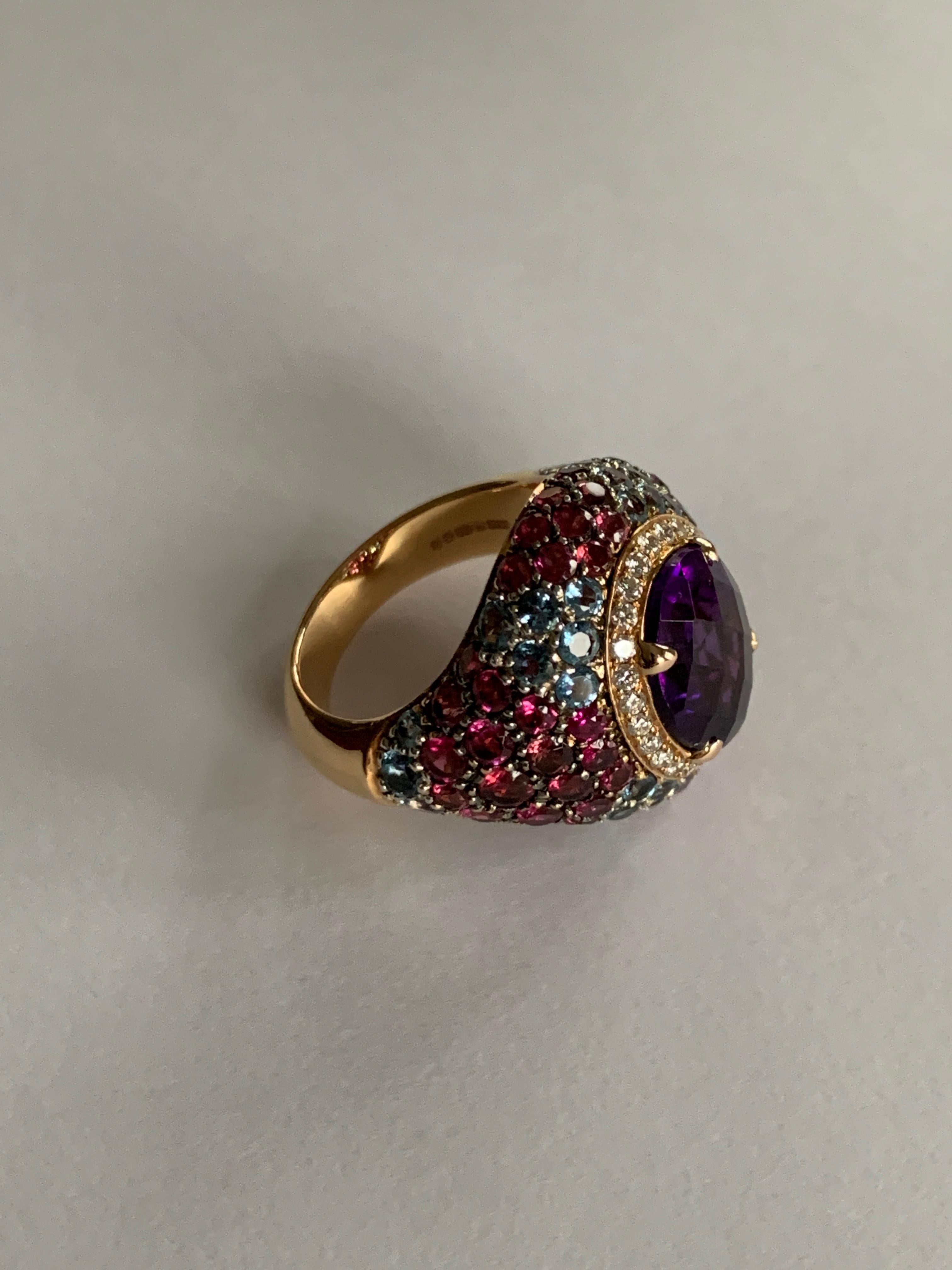 Women's 18 Karat Rose Gold Amethyst Cocktail Ring with Rubellite, Aquamarine and Diamond