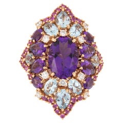 18 Karat Rose Gold Amethyst Diamond Sapphire and Topaz Cocktail Ring