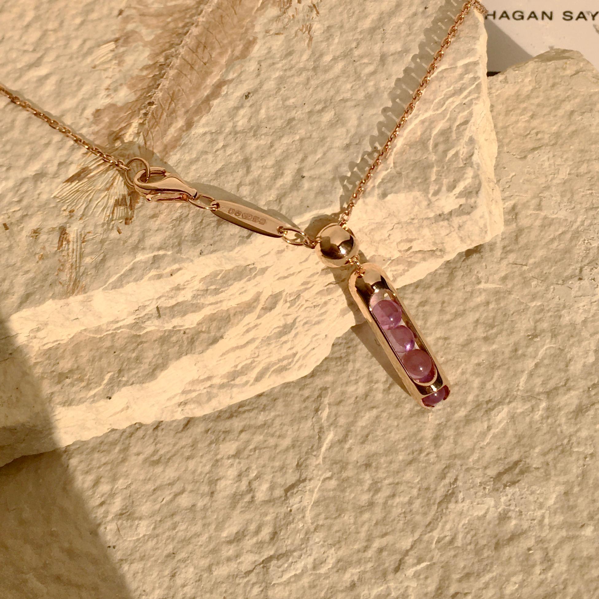 Arts and Crafts Melody Chain Pendant Necklace 18 Karat Rose Gold Purple Amethyst beads For Sale