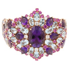 18 Karat Rose Gold Amethyst, Pink Sapphire, Blue Topaz Diamond Bracelet