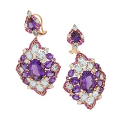 18 Karat Rose Gold Amethyst, Pink Sapphire, Blue Topaz Diamond Dangle Earrings