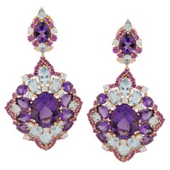 18 Karat Rose Gold Amethyst, Pink Sapphire, Blue Topaz Diamond Dangle Earrings