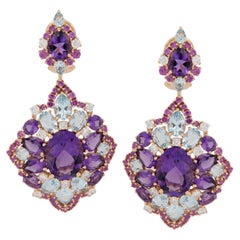 Pendants d'oreilles en or rose 18 carats, saphir rose, topaze bleue et diamants