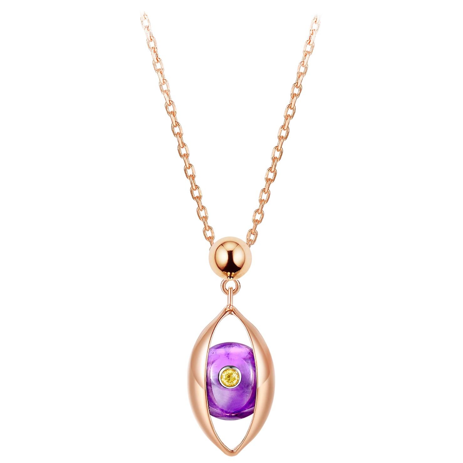 Eye Unisex Pendant Necklace 18 Karat Rose Gold Purple Amethyst Yellow Diamond For Sale