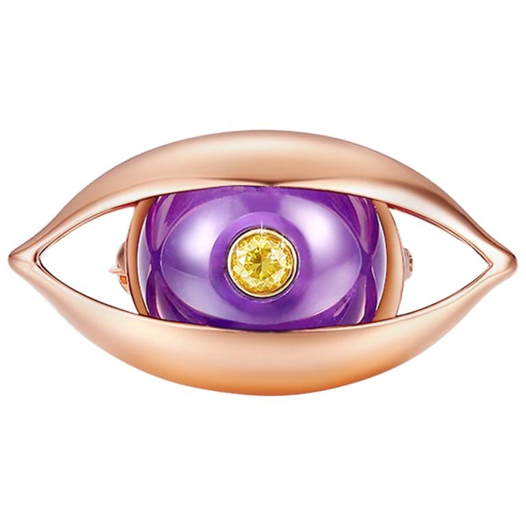 Eye Unisex Brooch 18 Karat Rose Gold Purple Amethyst Yellow Diamond For Sale