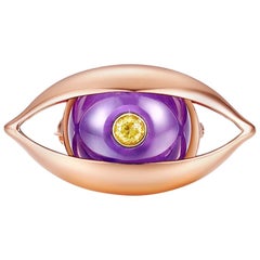 Eye Unisex Brooch 18 Karat Rose Gold Purple Amethyst Yellow Diamond