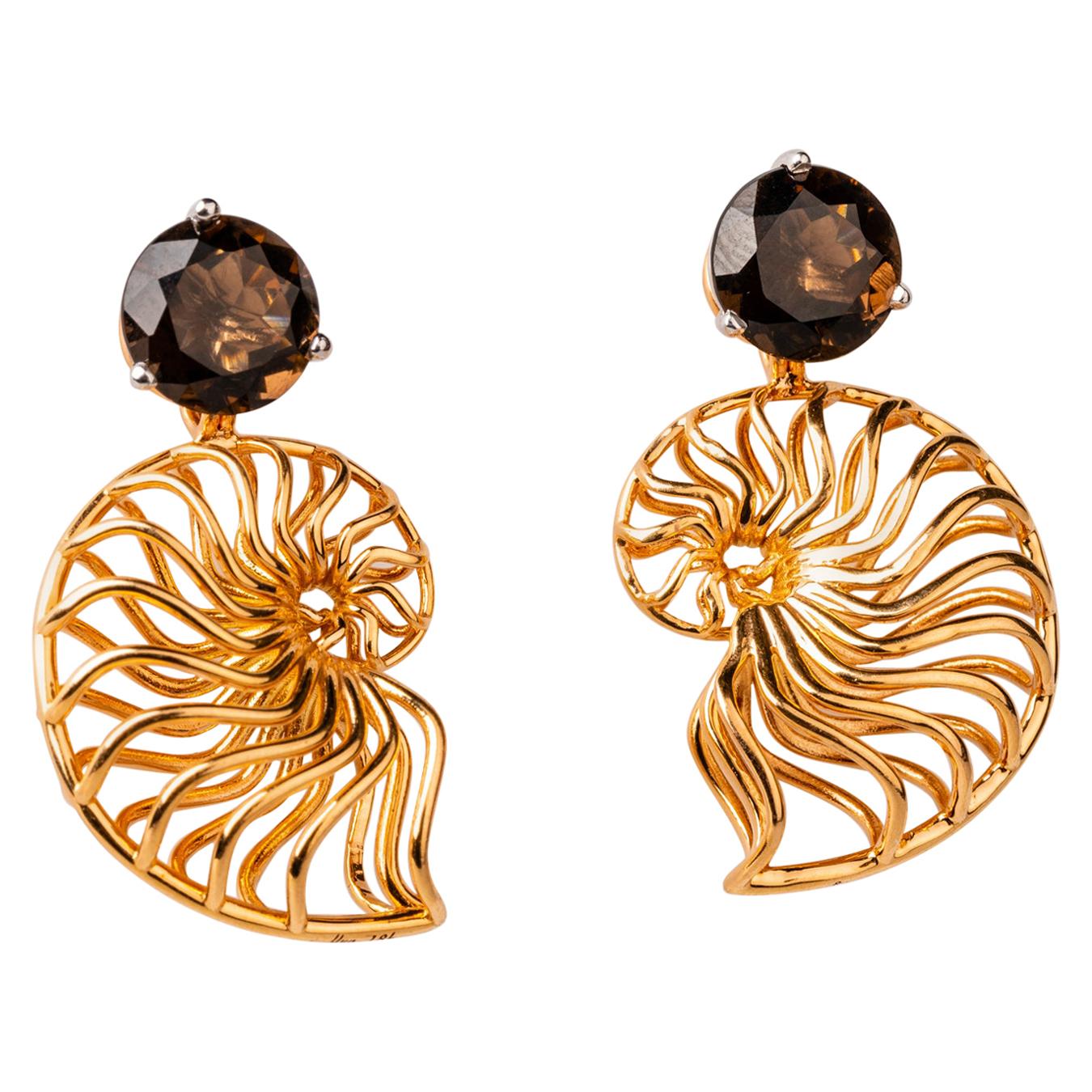 18 Karat Rose Gold Ammonite Jackets on Smoky Quartz Studs For Sale